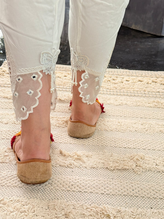 White Shalwar with Intricate Cutwork & Sheer Panel Detailing