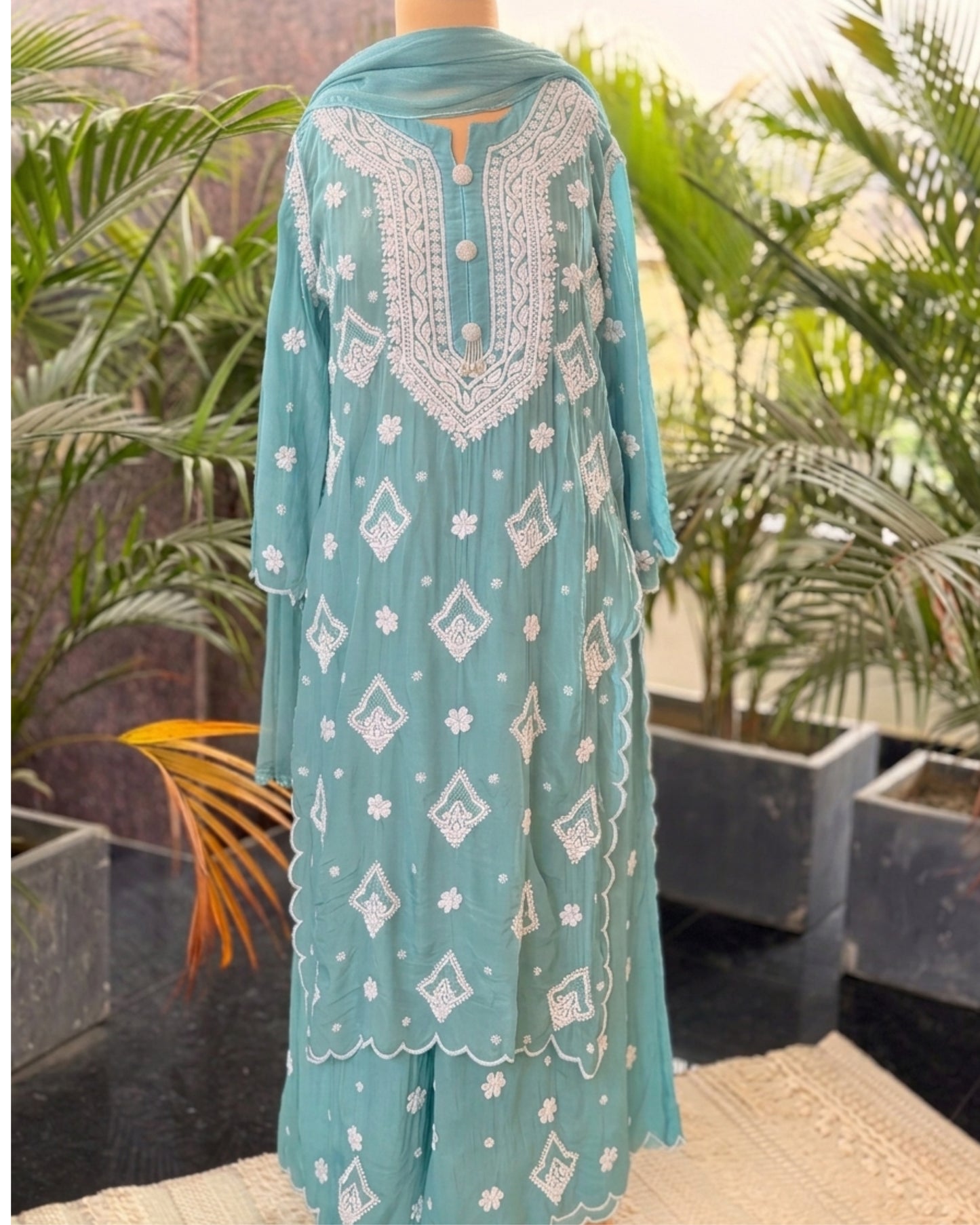 Pure Crepe Teal Green Chikankari Kurta Set with Dupatta