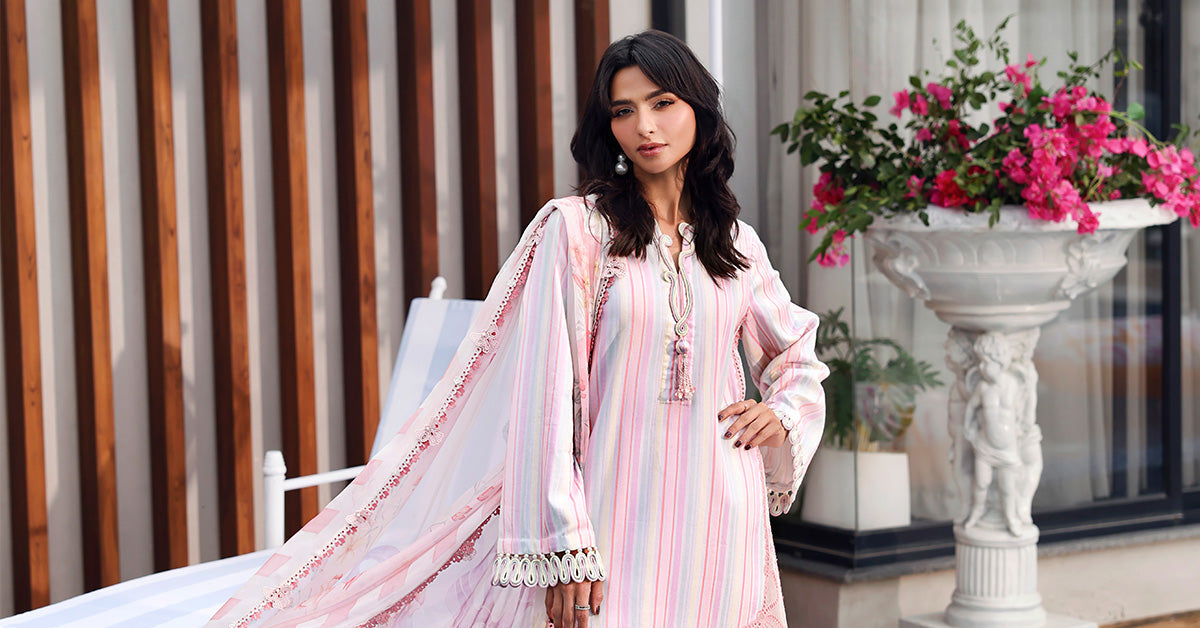Maria B Pastel Pink Striped 3 Piece Unstitched Embroidered Lawn Suit