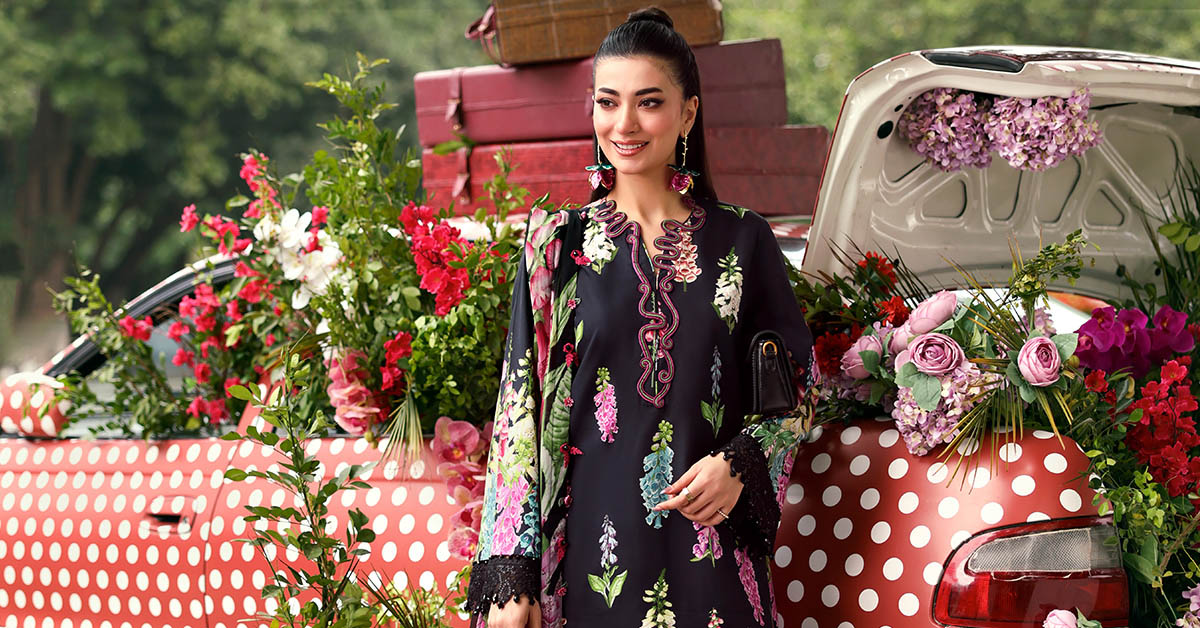 Maria B Luxury Black Embroidered Lawn Suit with Floral Dupatta