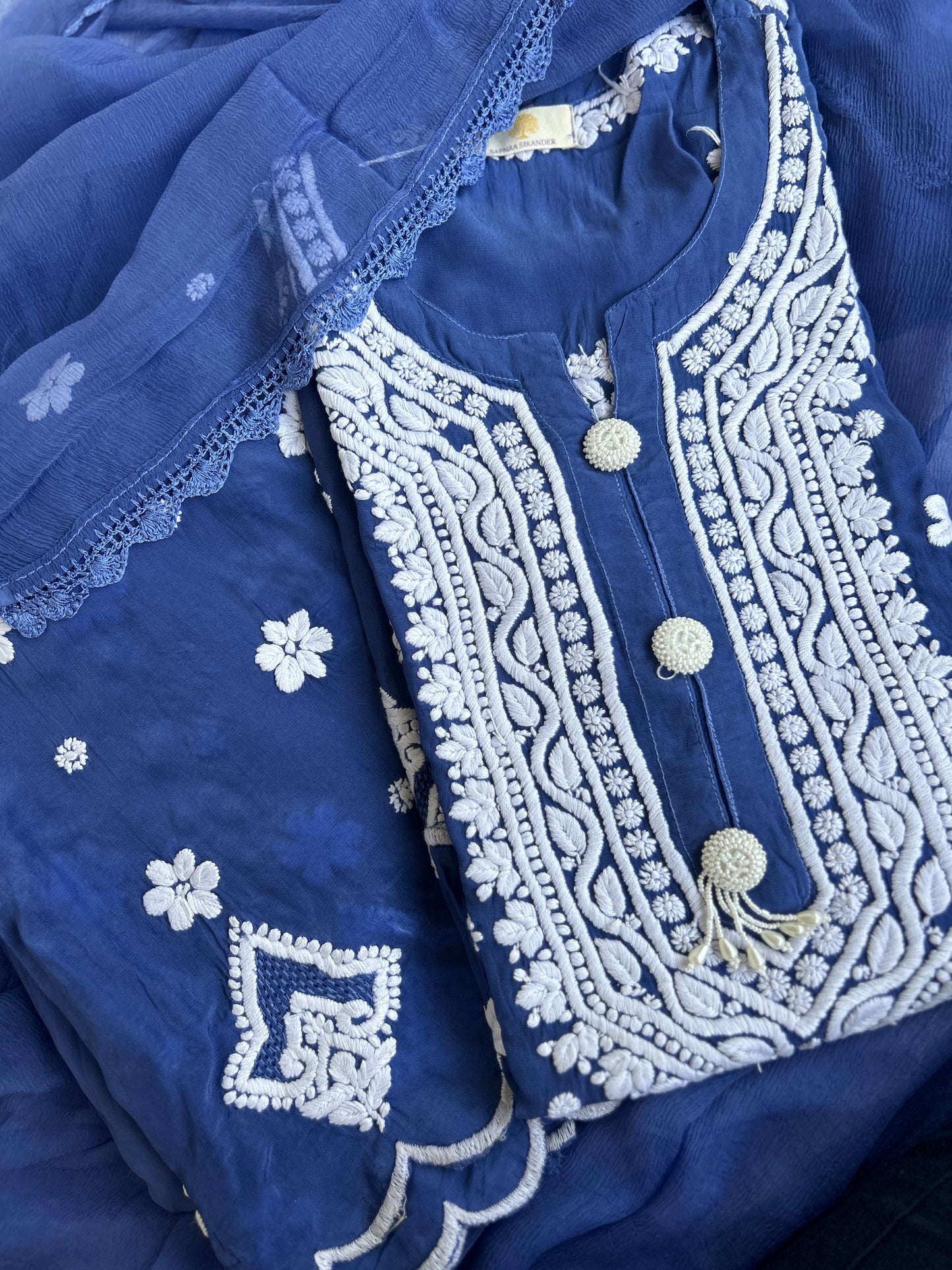 Pure Crepe Blue Chikankari Kurta Set with Dupatta