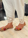 White Straight Pants with Lace & Pearl Detailing