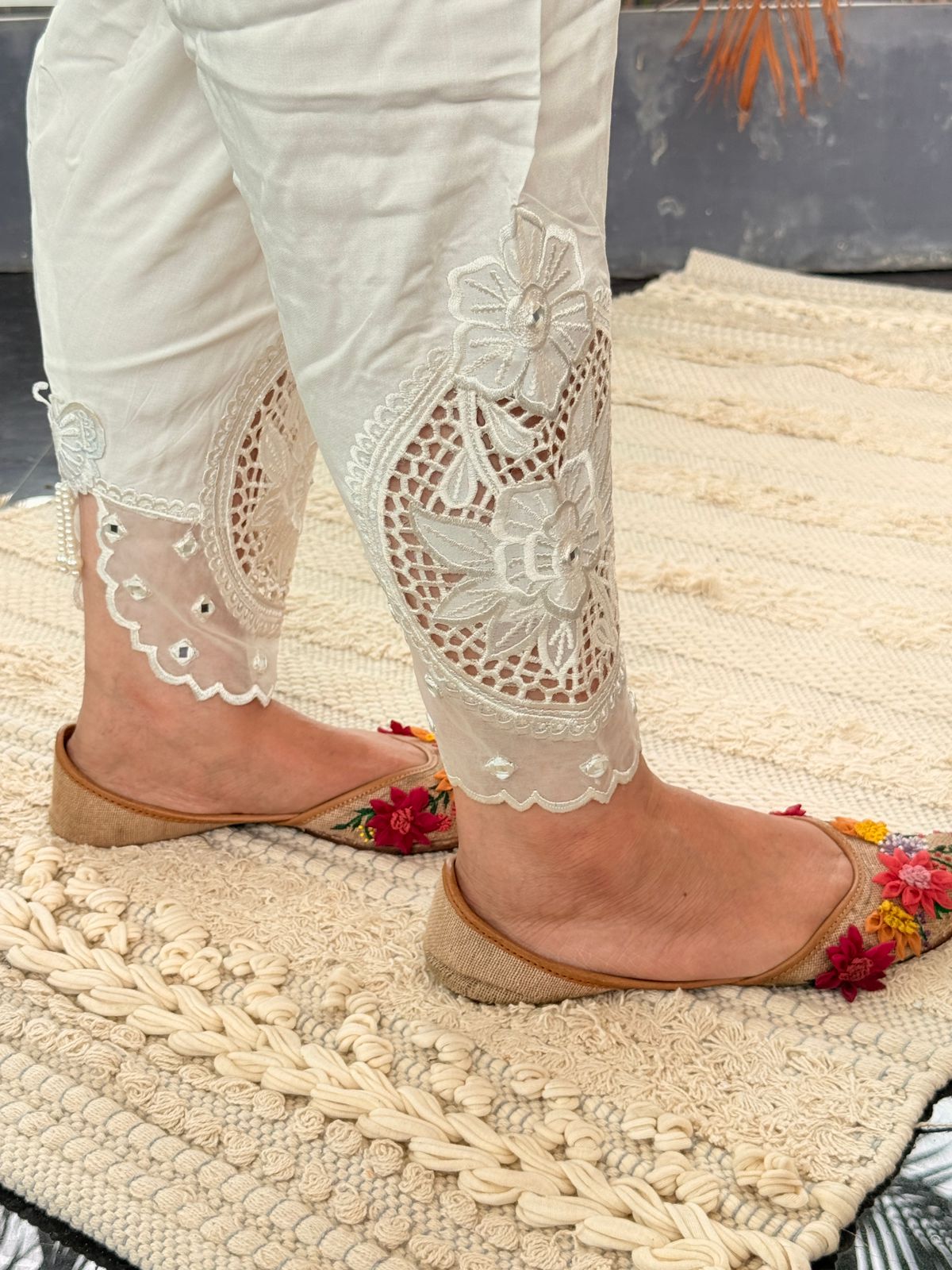 White Shalwar with Intricate Cutwork & Sheer Panel Detailing