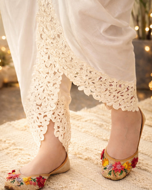Premium Ivory Tulip Pants with Heavy Lace Detailing