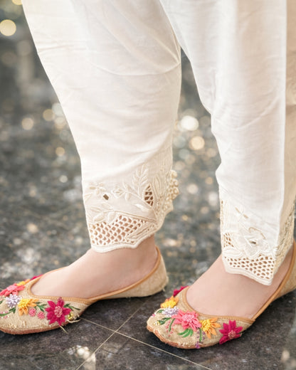 Classic Off-White Straight Pants with Embroidered Hem