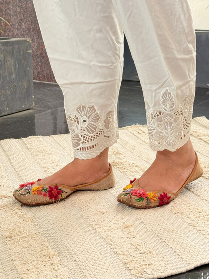White Straight Pants with Floral Cutwork Hem