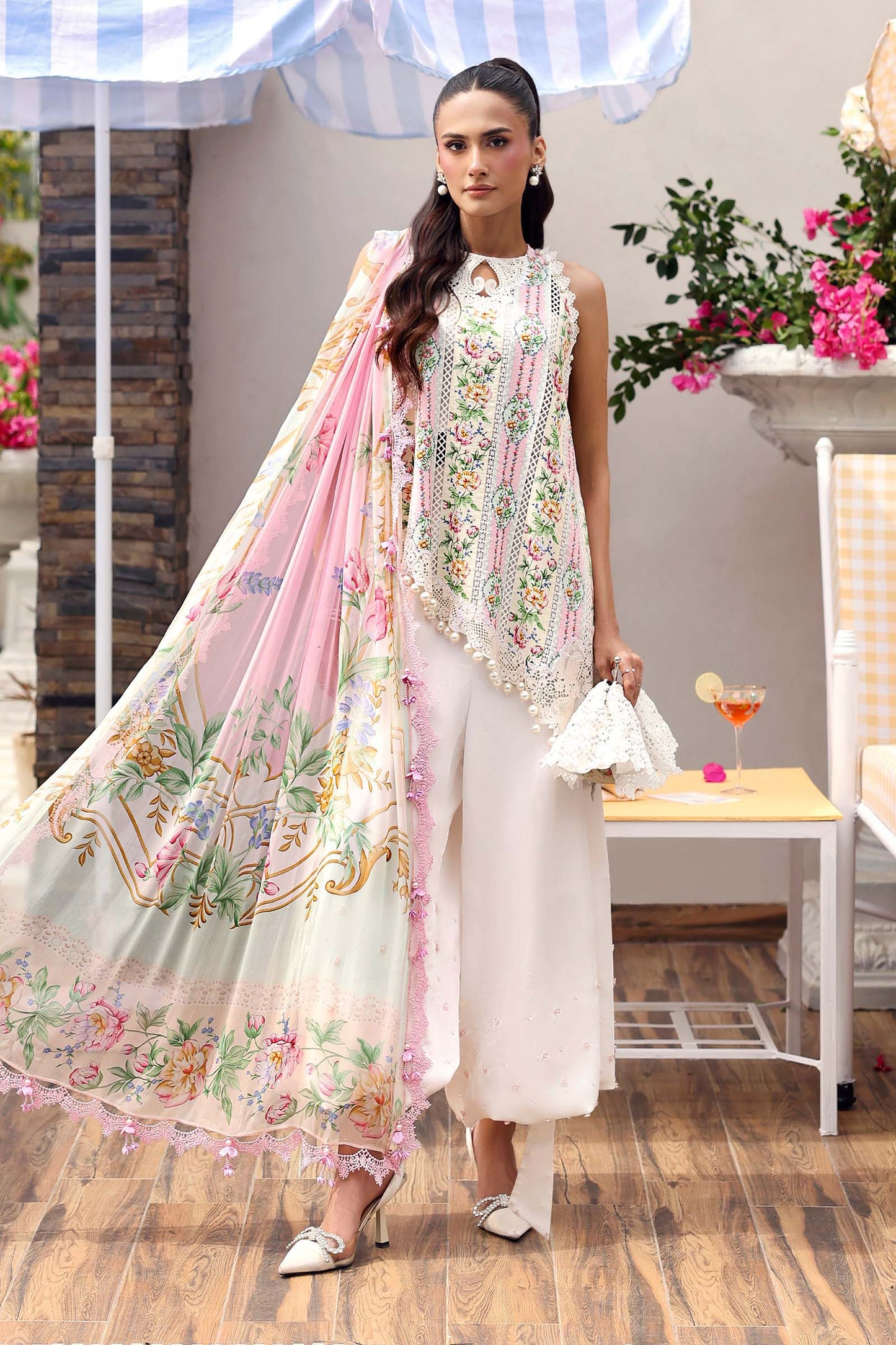 Maria B White Floral 3 Piece Unstitched Embroidered Lawn Suit