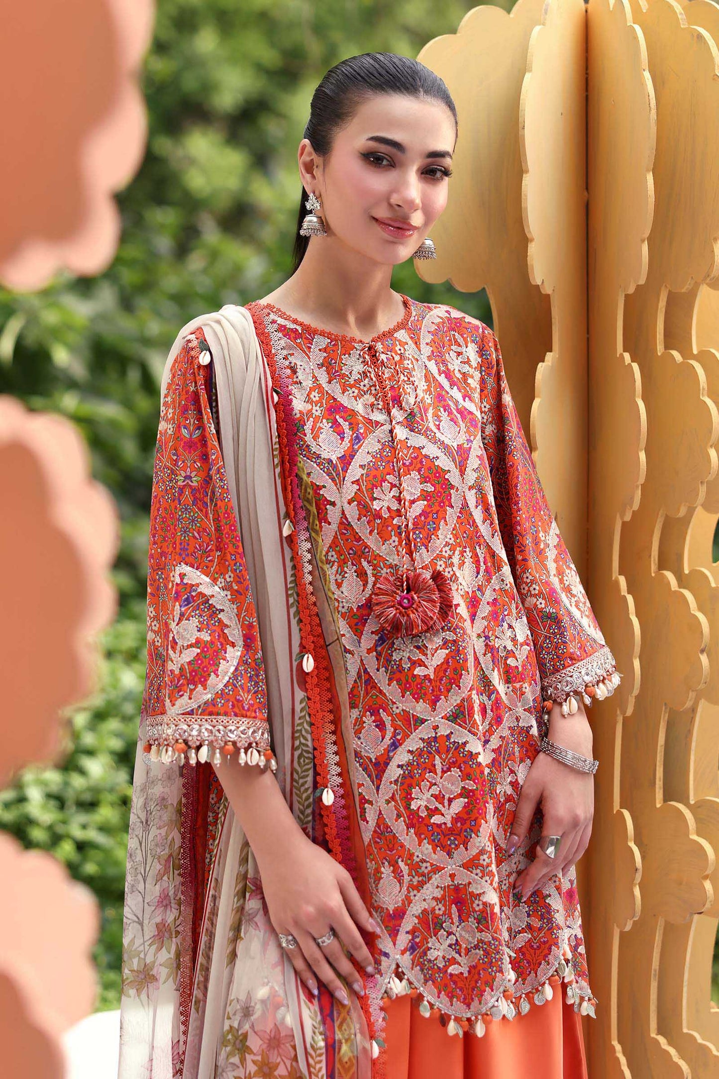 Maria B Orange Floral 3 Piece Unstitched Embroidered Lawn Suit
