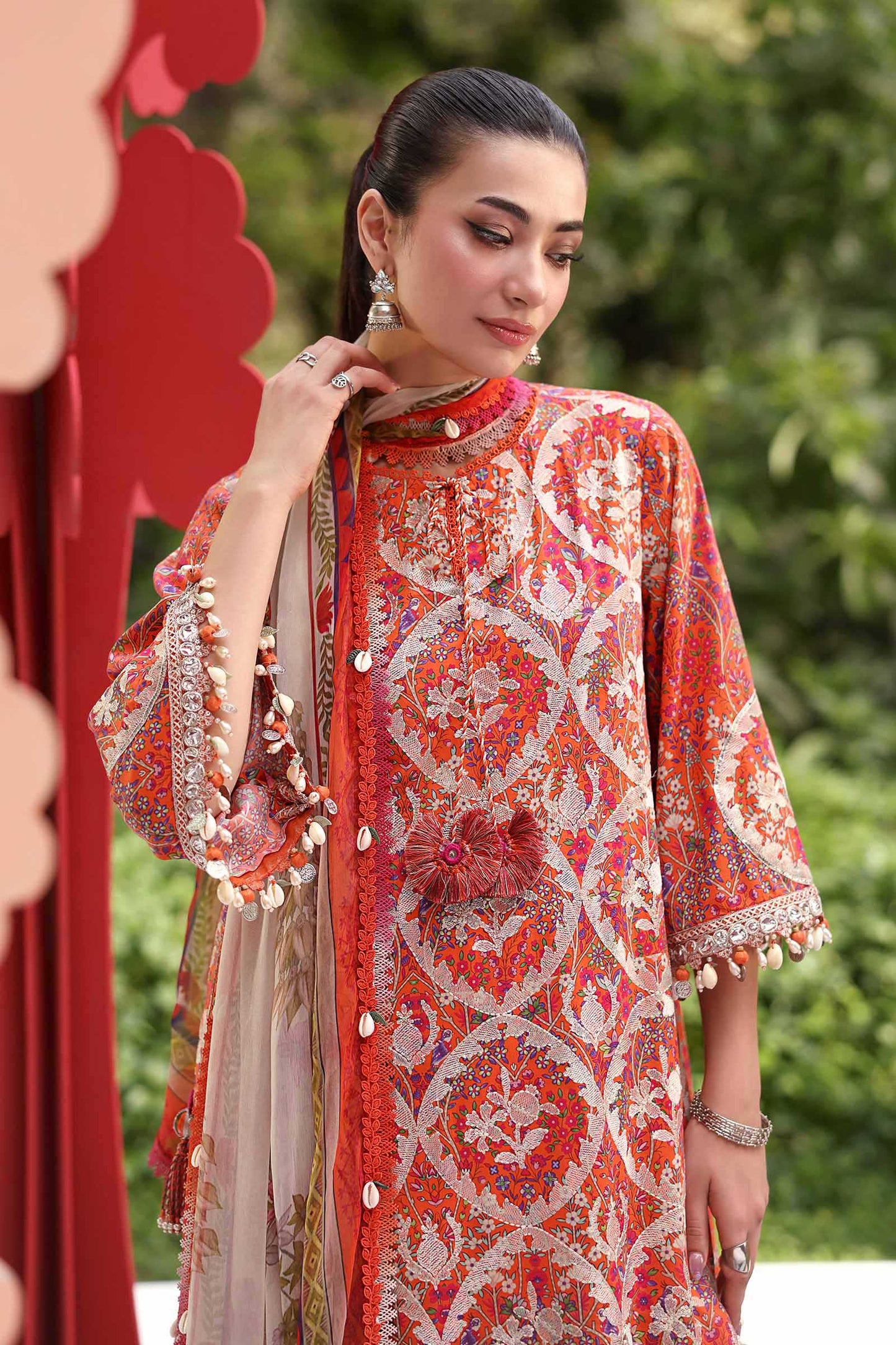 Maria B Orange Floral 3 Piece Unstitched Embroidered Lawn Suit