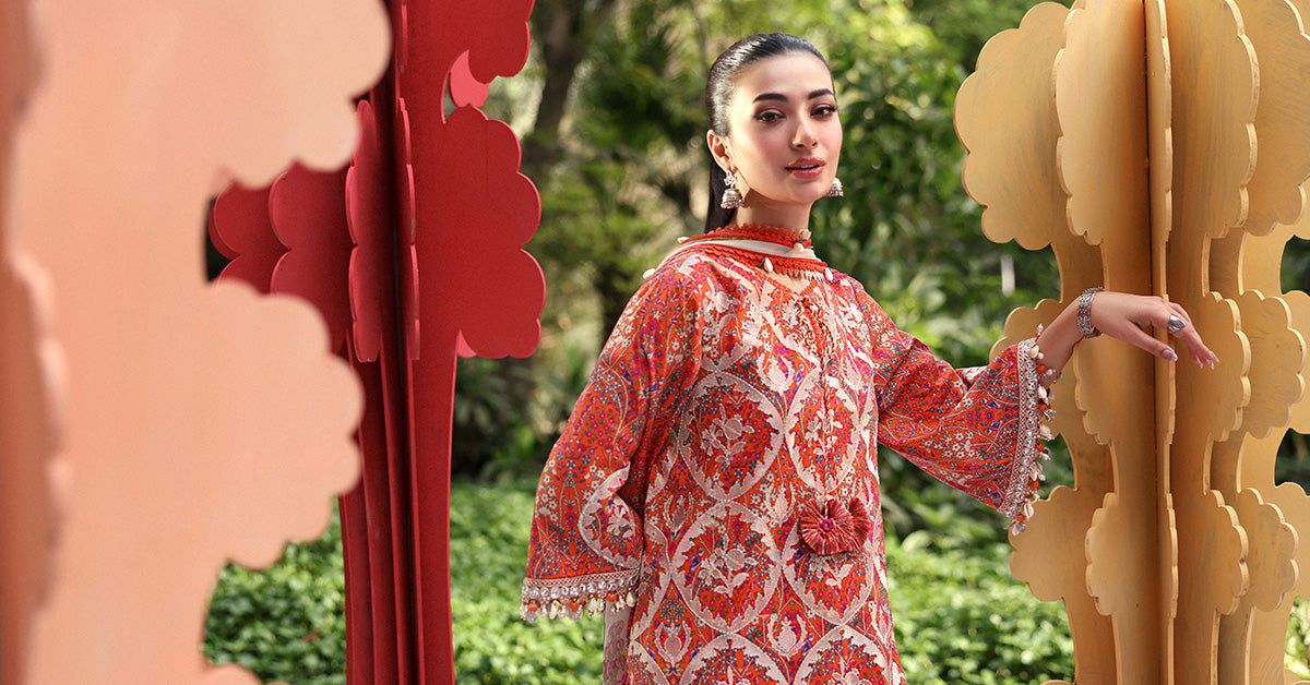 Maria B Orange Floral 3 Piece Unstitched Embroidered Lawn Suit