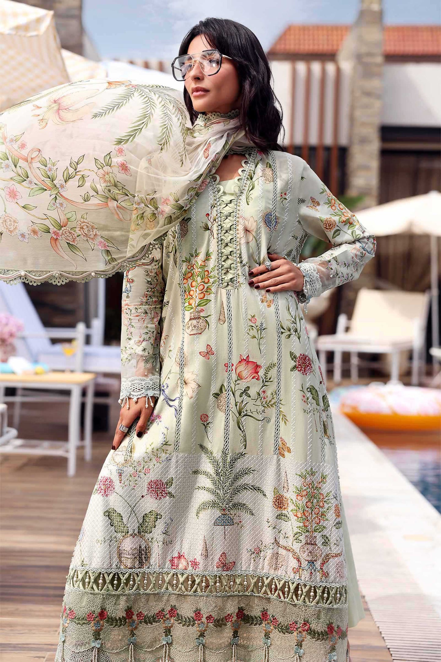 Maria B Sage Floral 3 Piece Unstitched Embroidered Lawn Suit