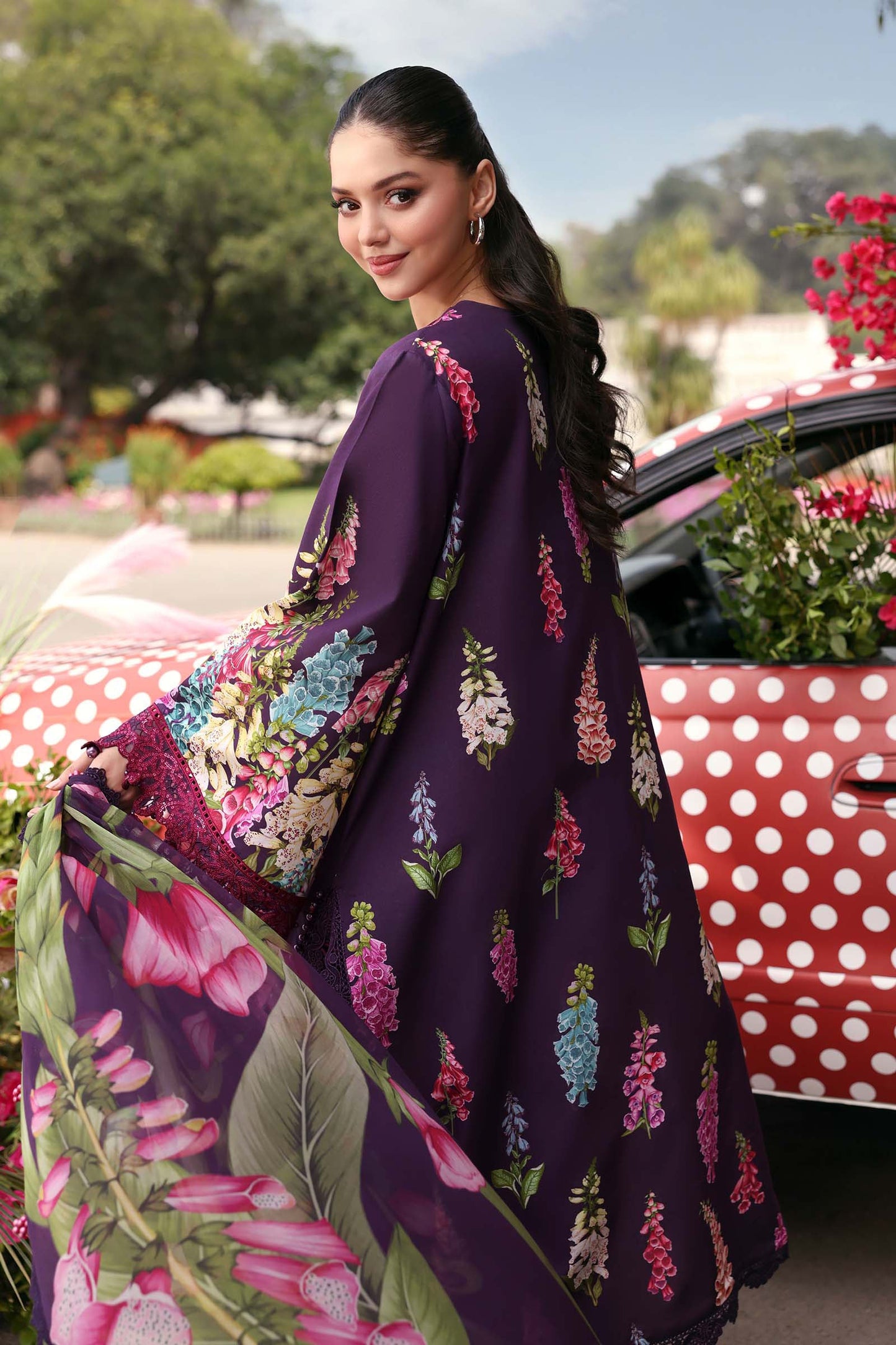 Maria B Pakistani Designer Purple Lawn Suit with Printed Dupatta