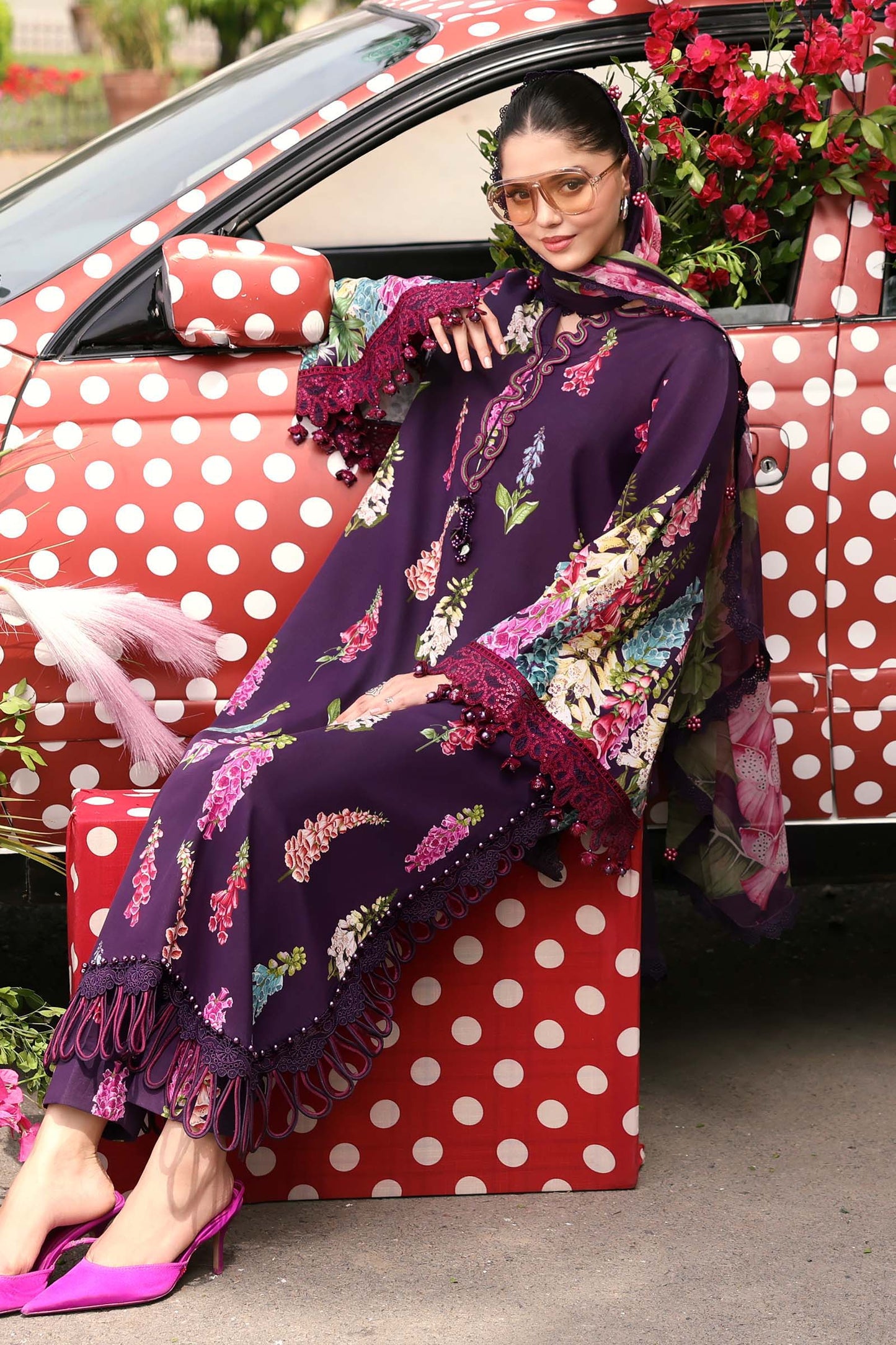 Maria B Pakistani Designer Purple Lawn Suit with Printed Dupatta