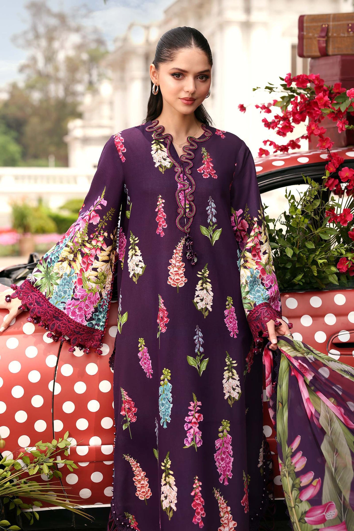 Maria B Pakistani Designer Purple Lawn Suit with Printed Dupatta