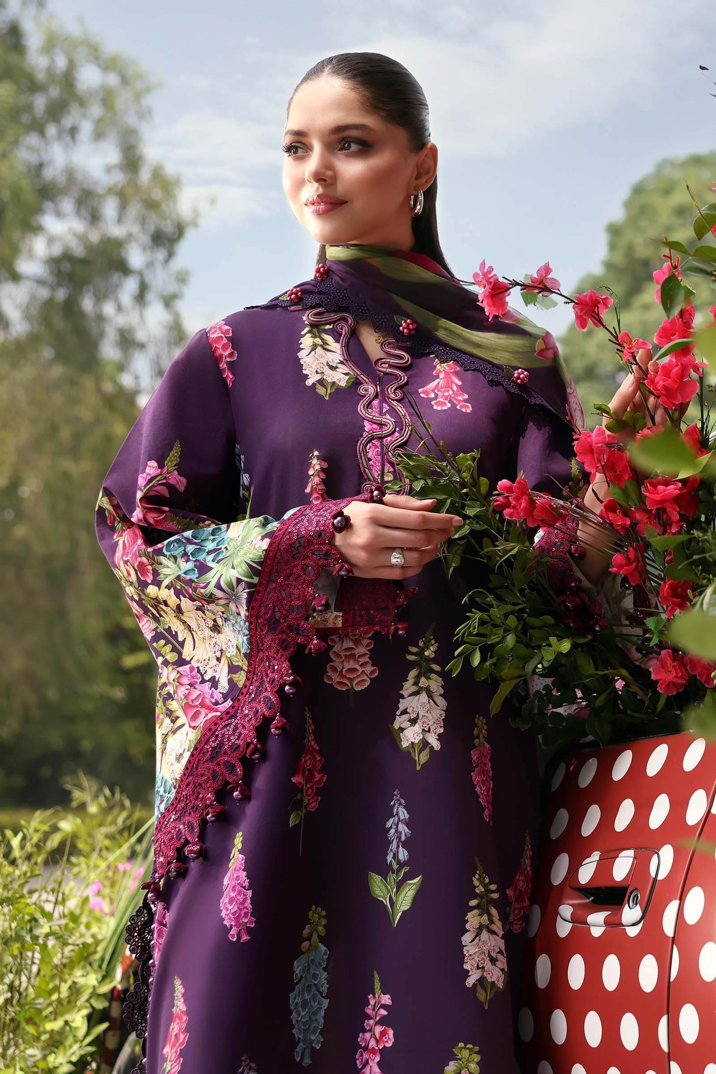 Maria B Pakistani Designer Purple Lawn Suit with Printed Dupatta