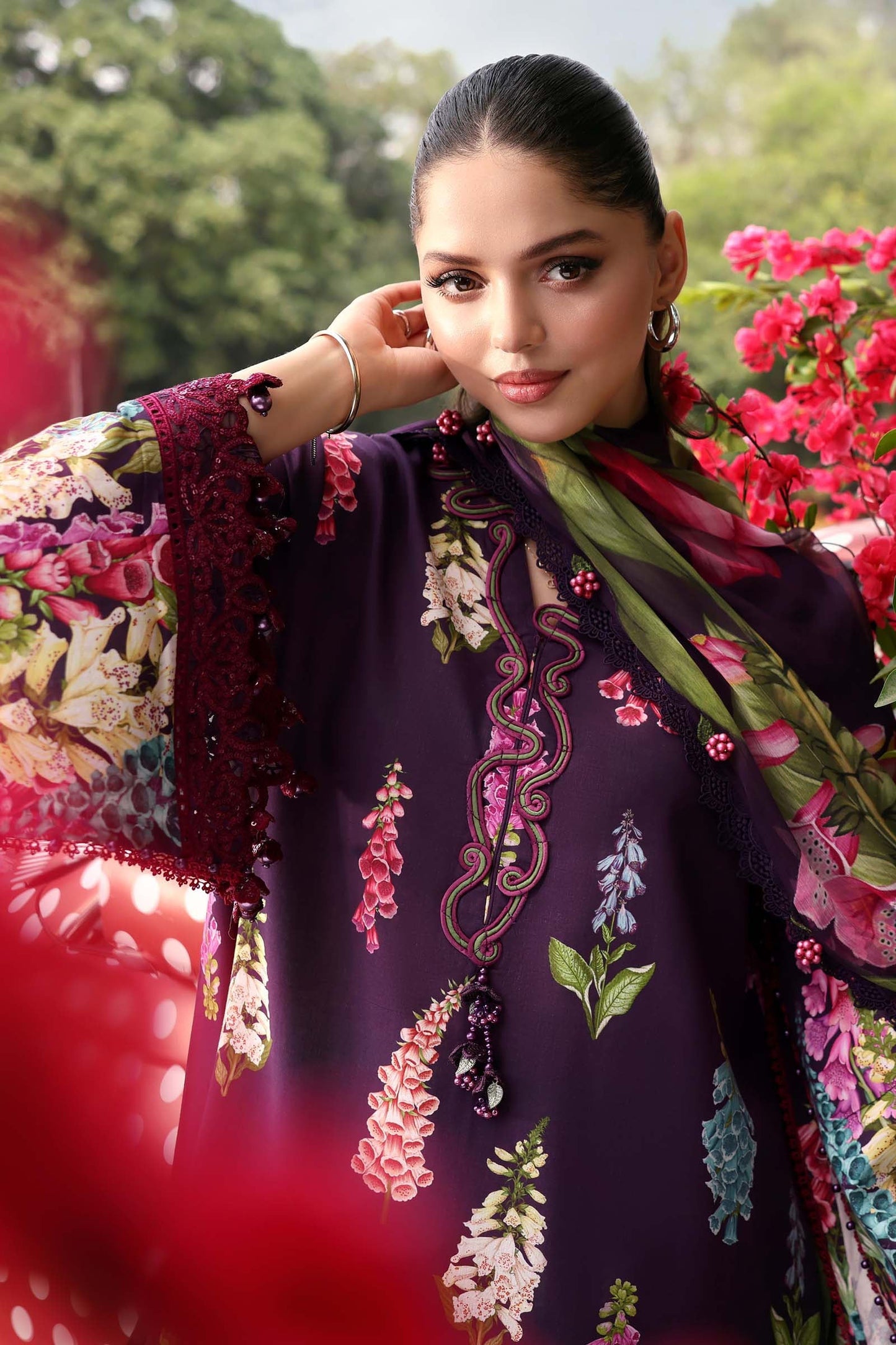 Maria B Pakistani Designer Purple Lawn Suit with Printed Dupatta