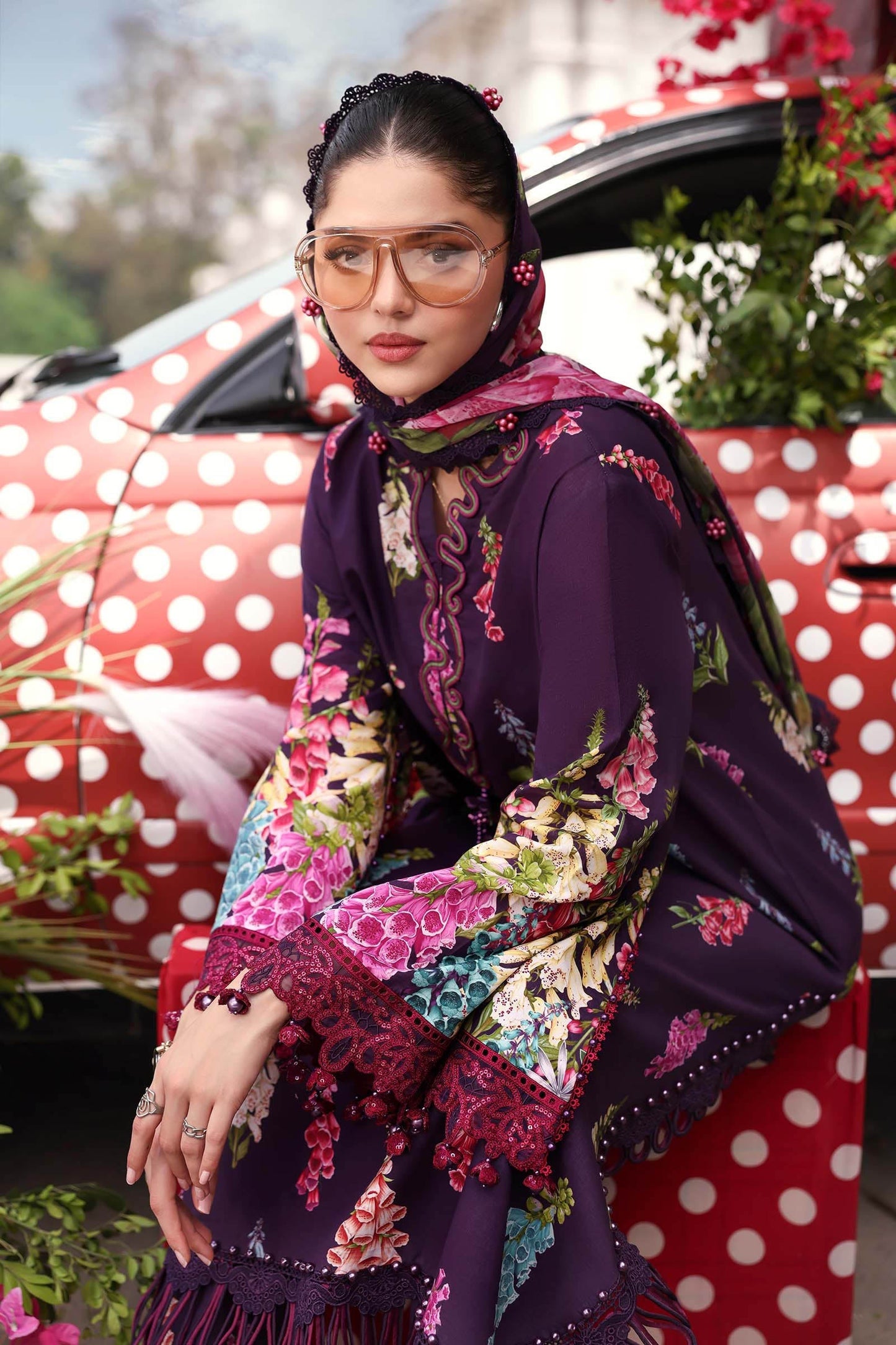 Maria B Pakistani Designer Purple Lawn Suit with Printed Dupatta