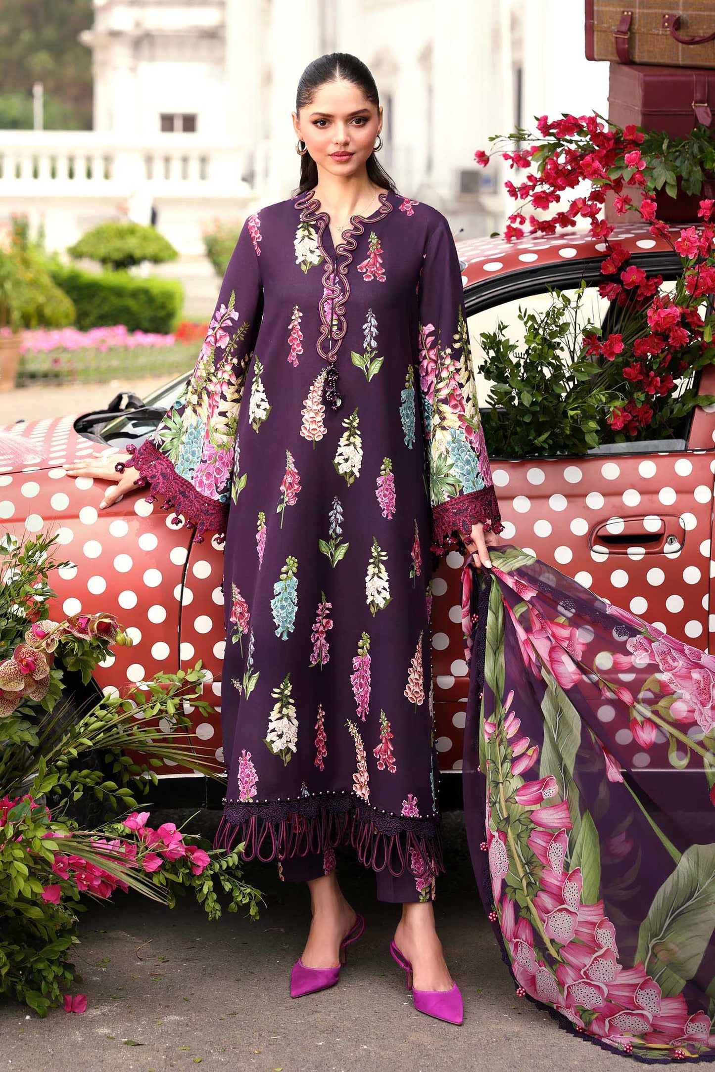 Maria B Pakistani Designer Purple Lawn Suit with Printed Dupatta