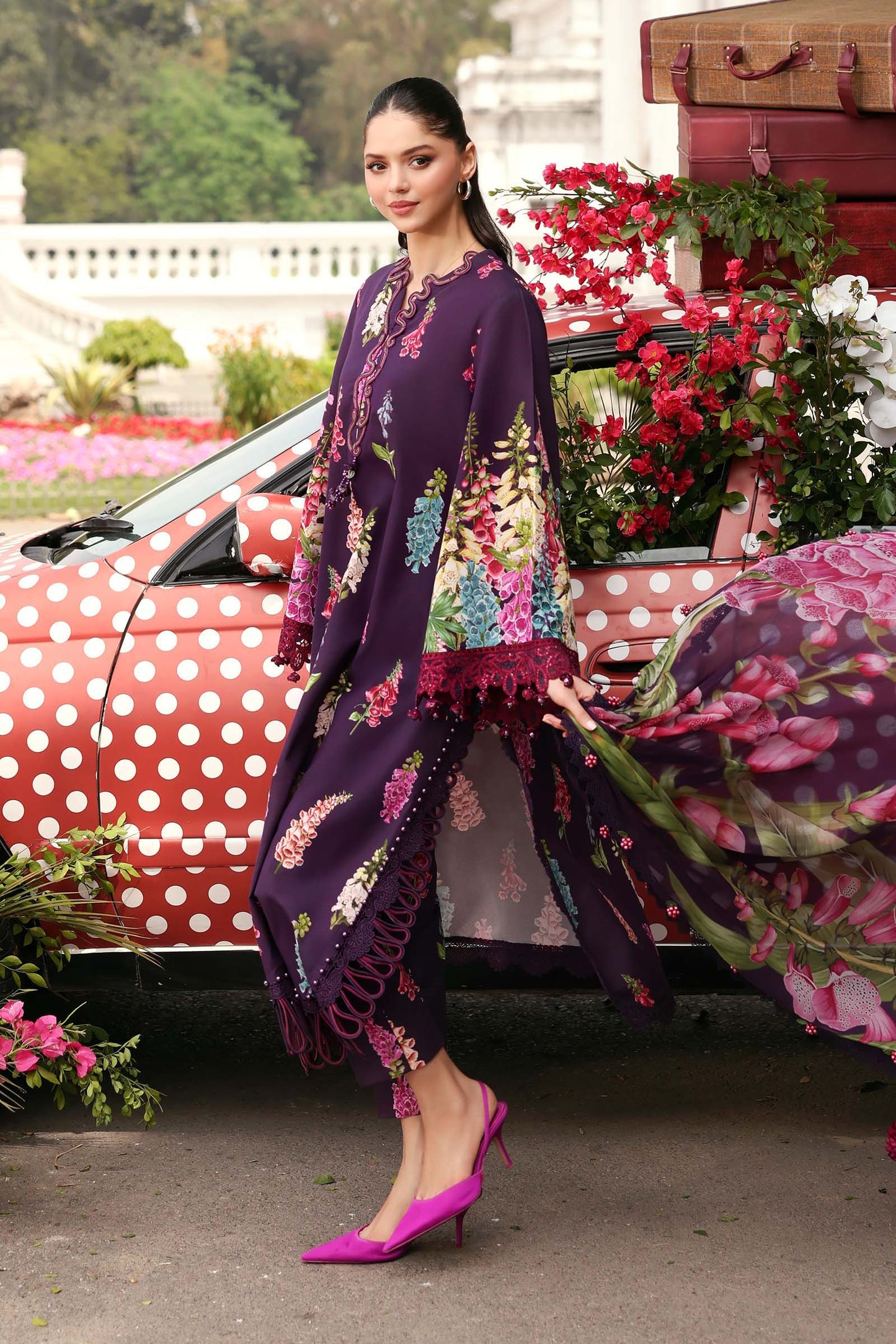 Maria B Pakistani Designer Purple Lawn Suit with Printed Dupatta