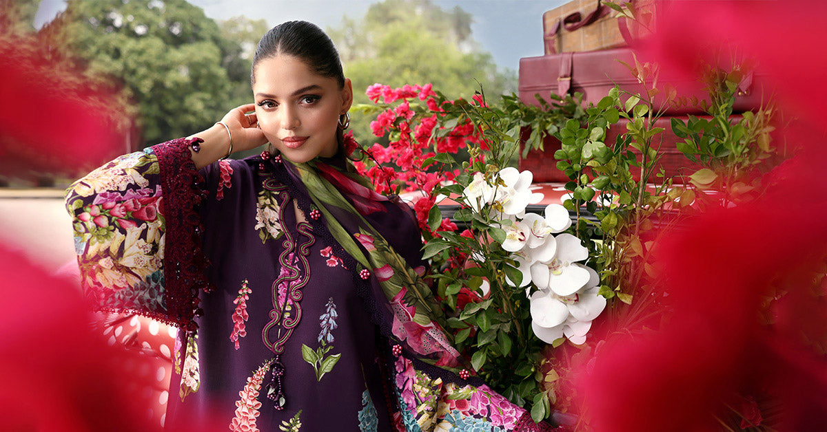 Maria B Pakistani Designer Purple Lawn Suit with Printed Dupatta
