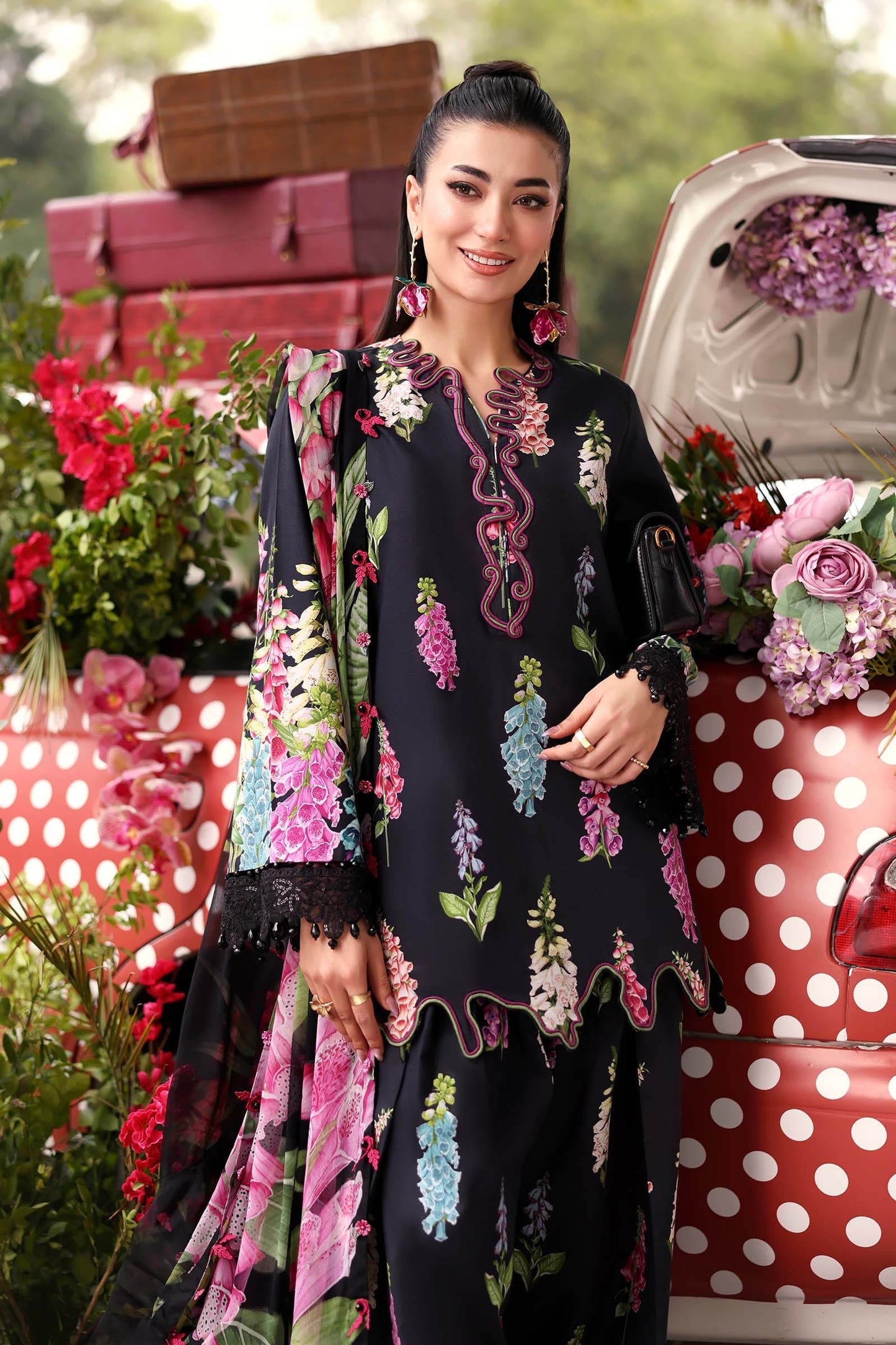 Maria B Luxury Black Embroidered Lawn Suit with Floral Dupatta