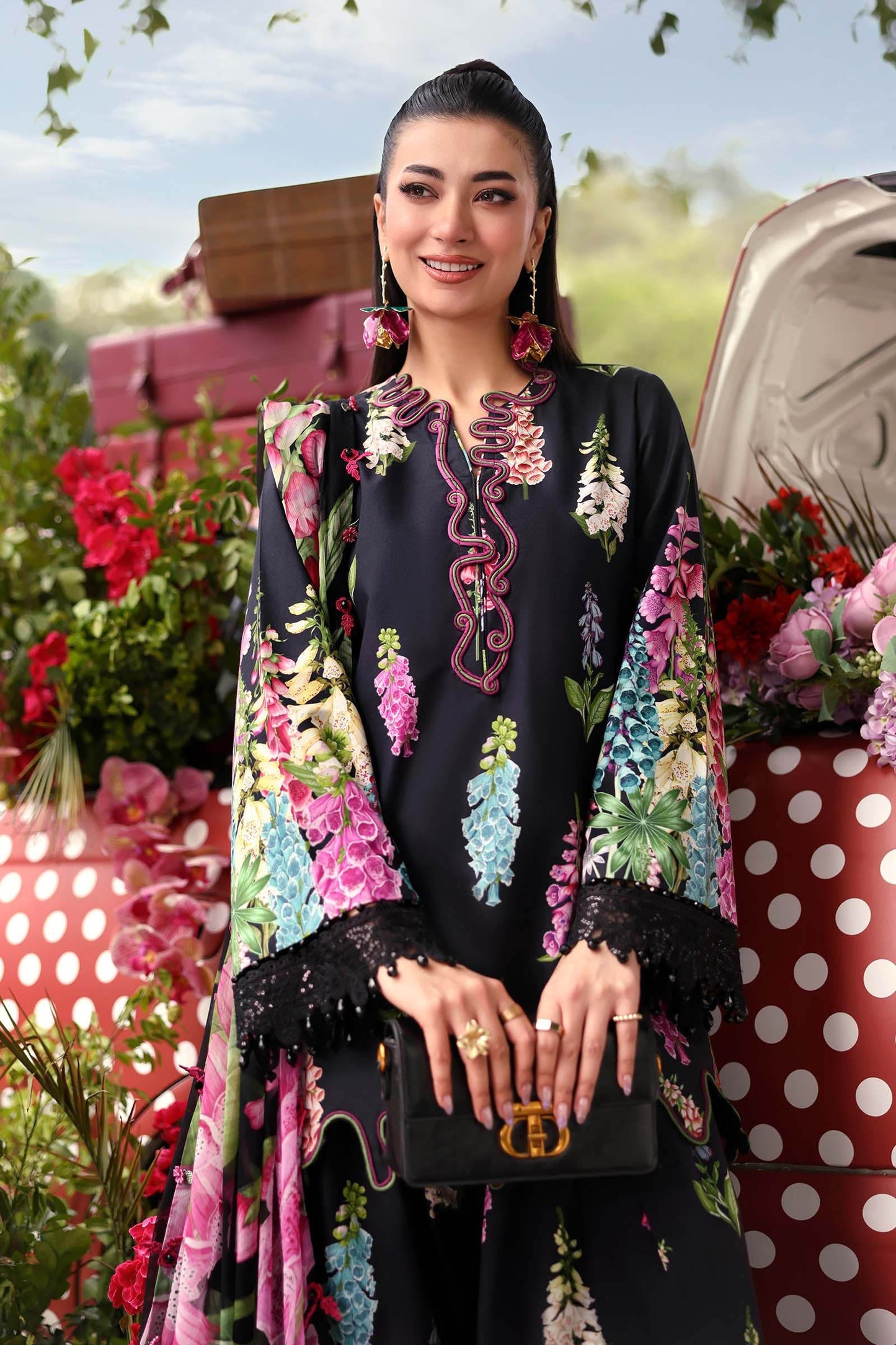 Maria B Luxury Black Embroidered Lawn Suit with Floral Dupatta