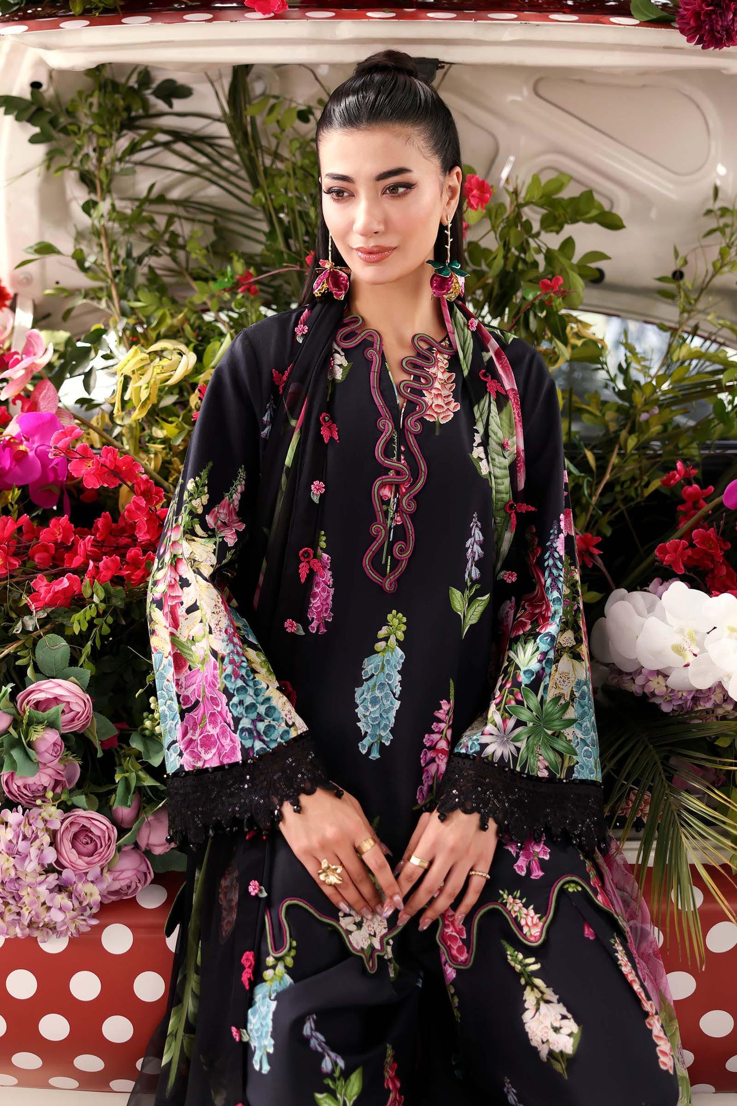 Maria B Luxury Black Embroidered Lawn Suit with Floral Dupatta