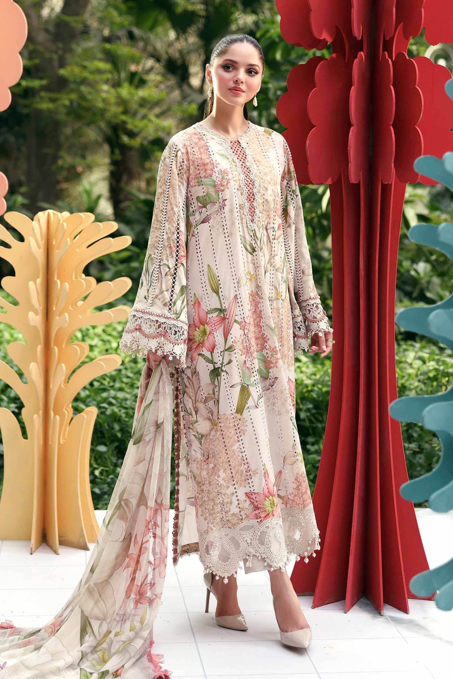 Maria B Pastel Floral 3 Piece Unstitched Embroidered Lawn Suit