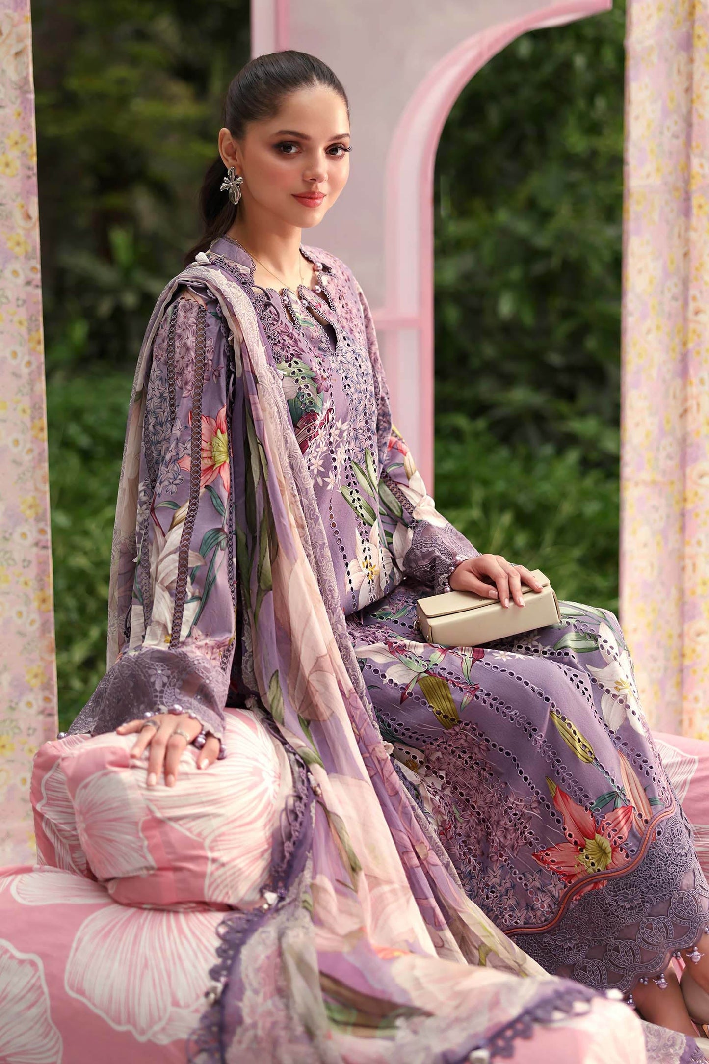 Maria B Luxury Lavender Floral Embroidered Lawn 3 Piece Unstitched Suit with Printed Dupatta