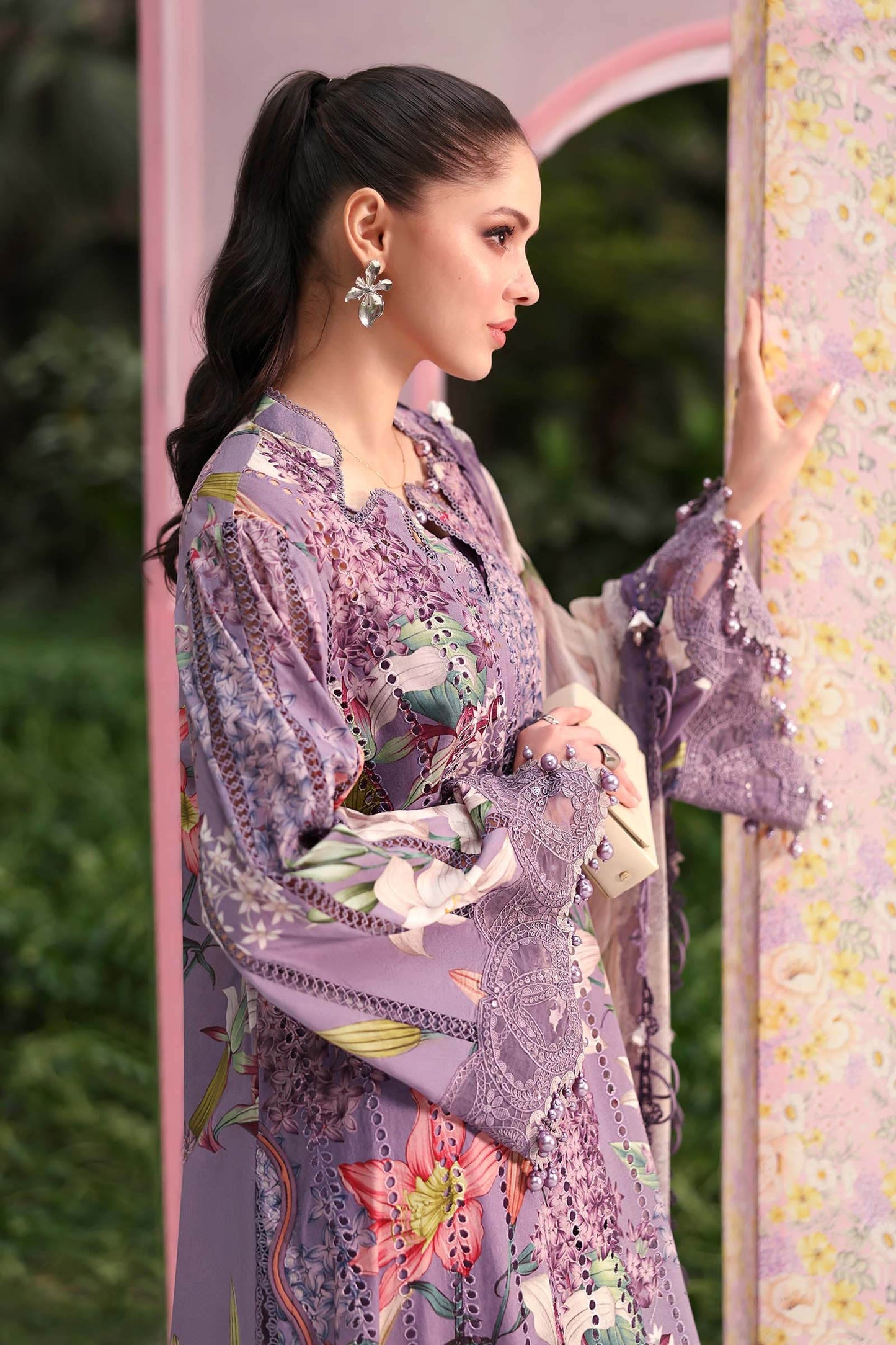 Maria B Luxury Lavender Floral Embroidered Lawn 3 Piece Unstitched Suit with Printed Dupatta