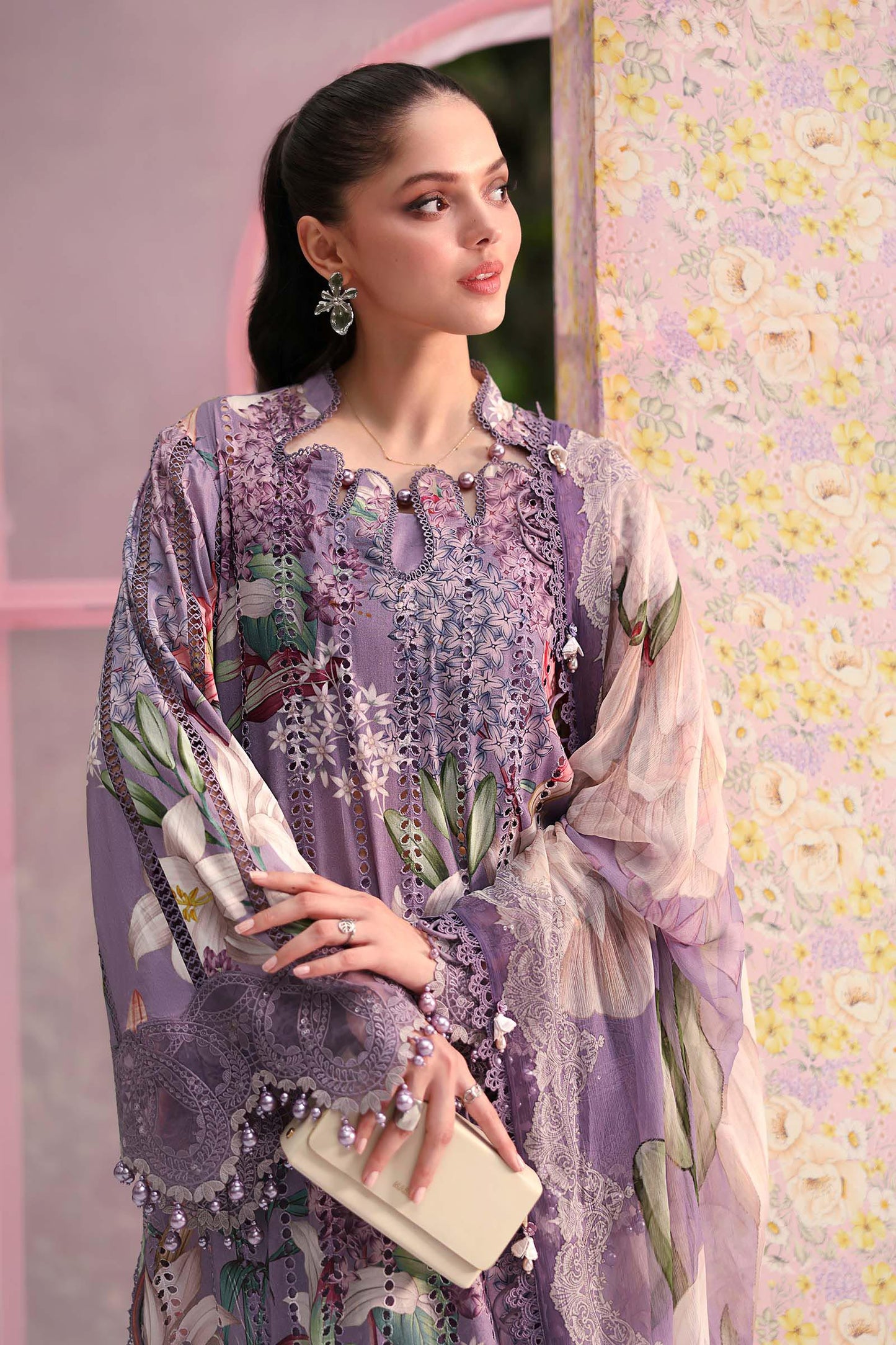 Maria B Luxury Lavender Floral Embroidered Lawn 3 Piece Unstitched Suit with Printed Dupatta