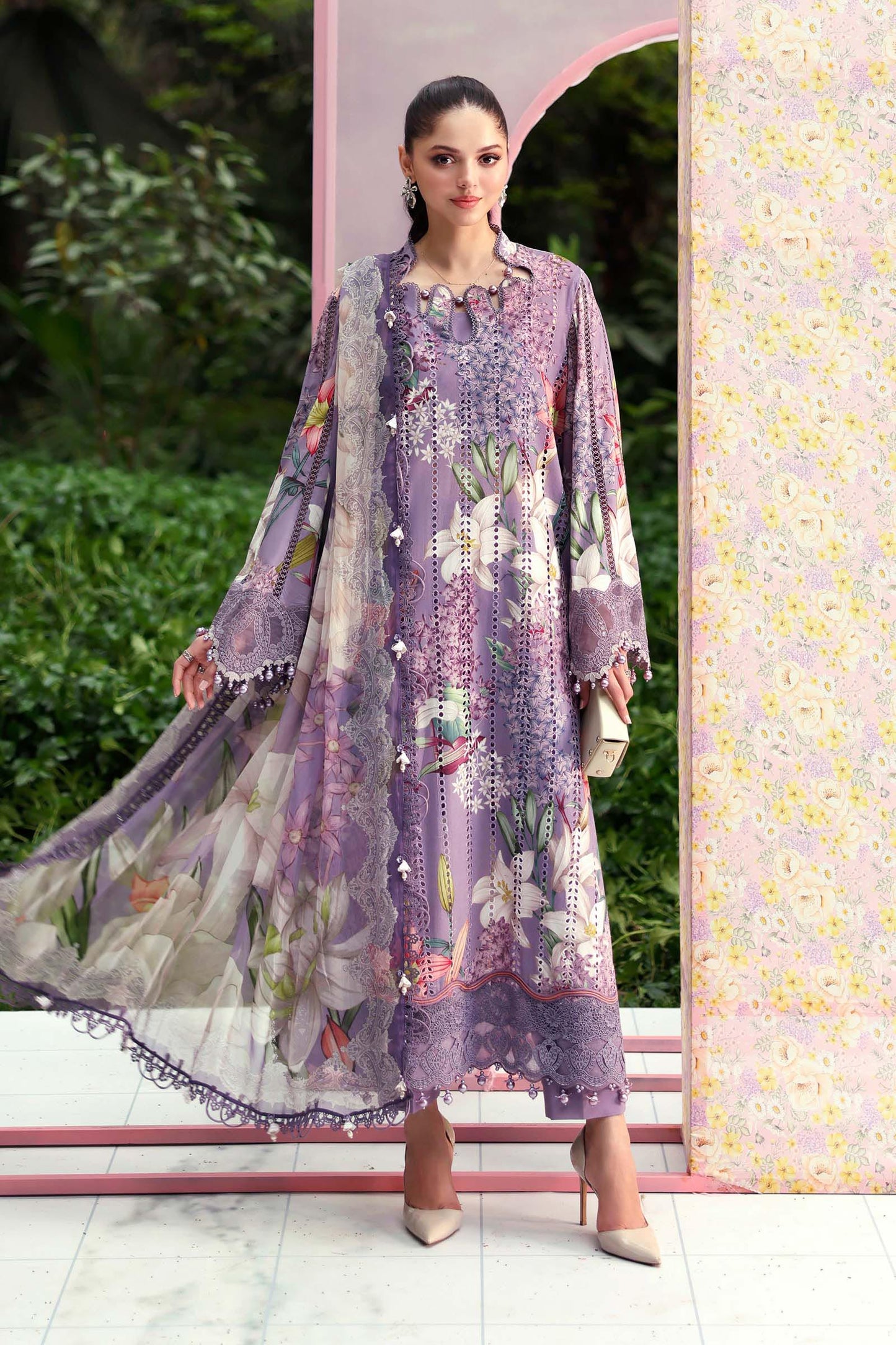 Maria B Luxury Lavender Floral Embroidered Lawn 3 Piece Unstitched Suit with Printed Dupatta