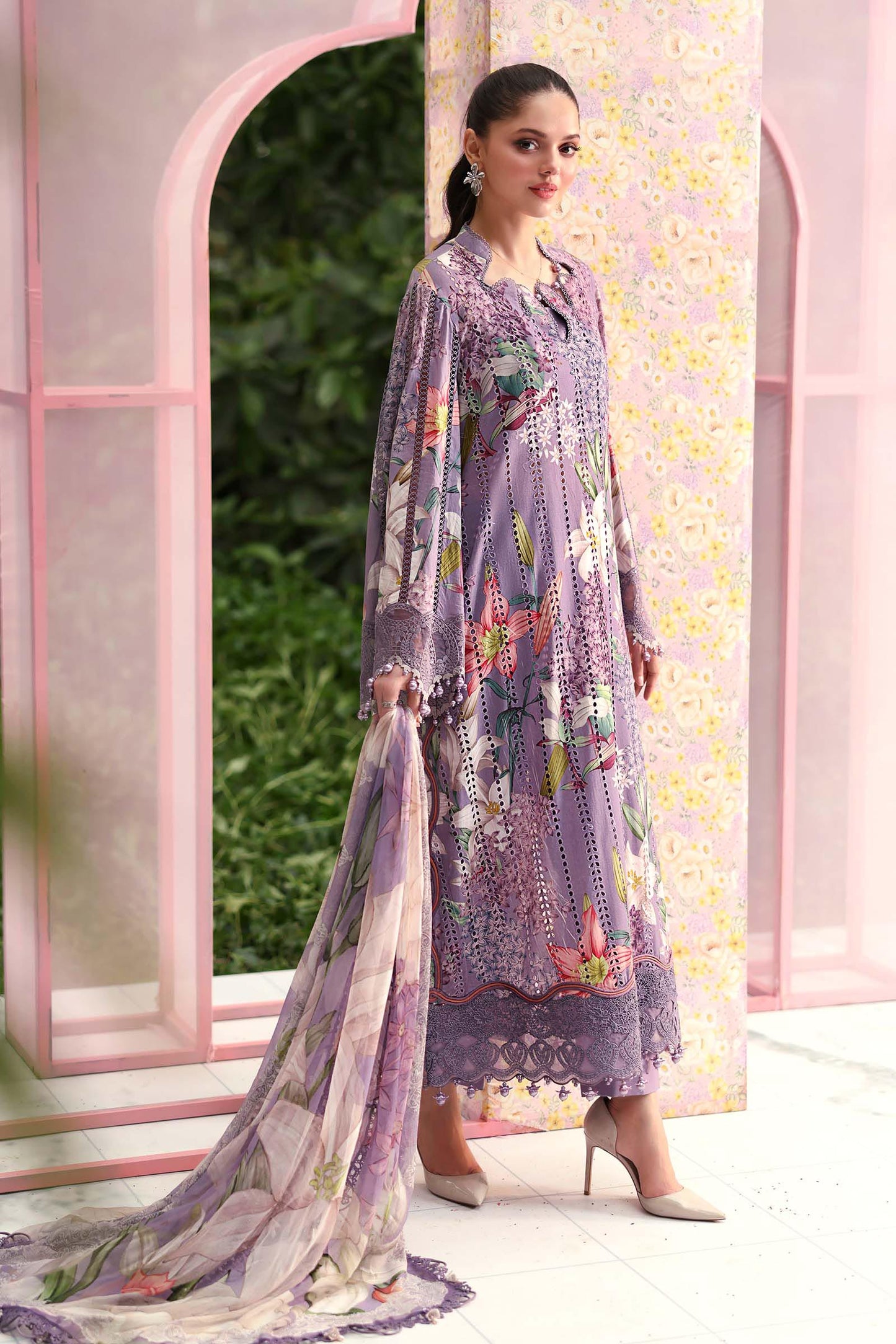 Maria B Luxury Lavender Floral Embroidered Lawn 3 Piece Unstitched Suit with Printed Dupatta