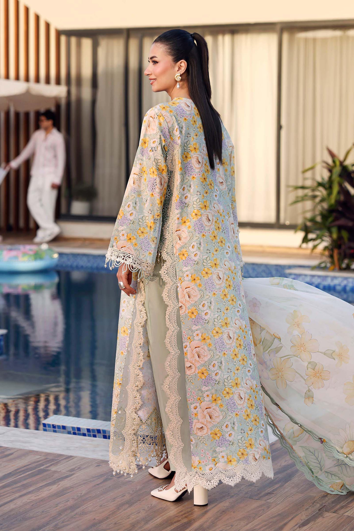 Maria B Soft Ivory Floral Embroidered Lawn Dress with Dupatta