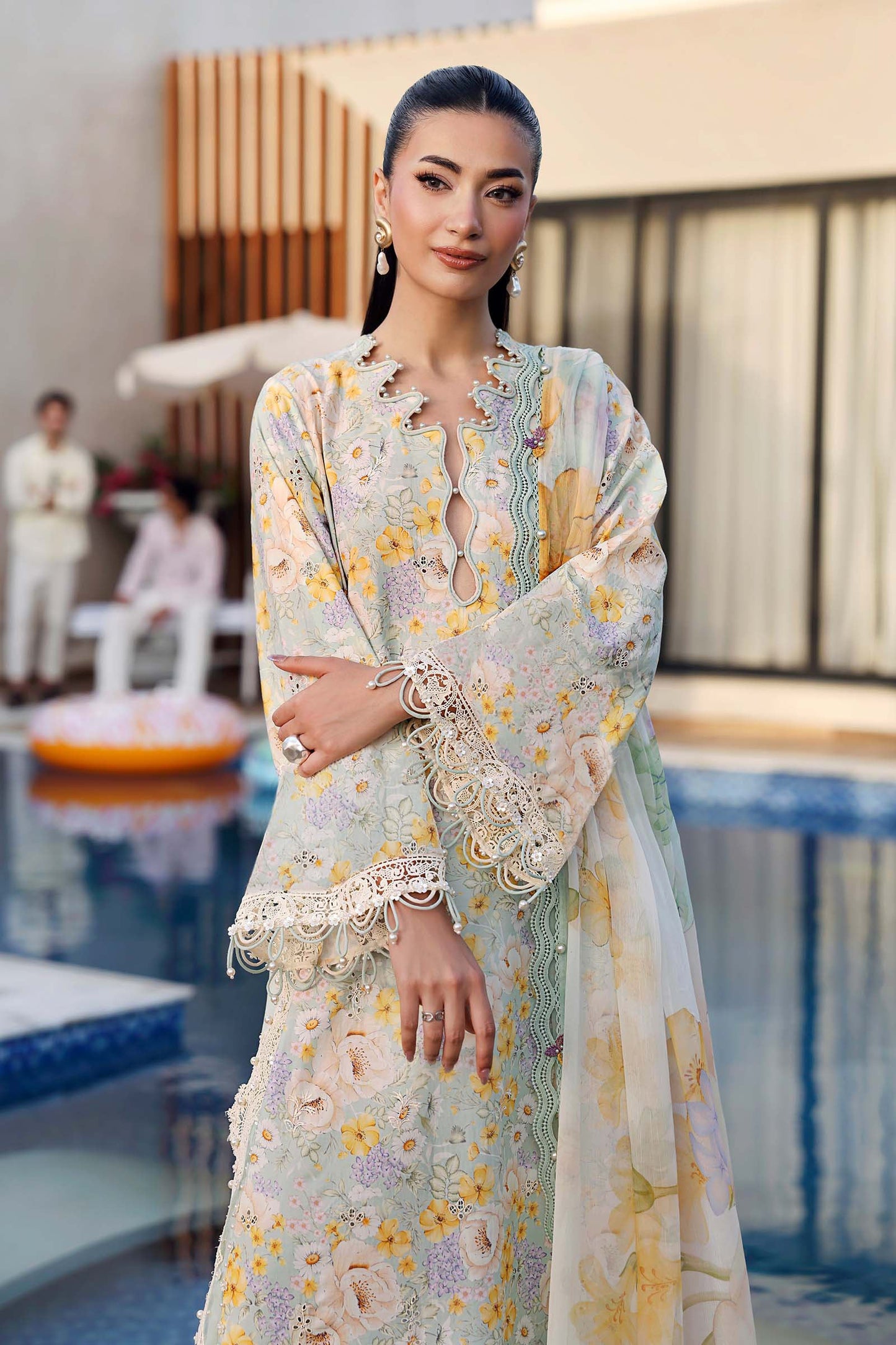 Maria B Soft Ivory Floral Embroidered Lawn Dress with Dupatta