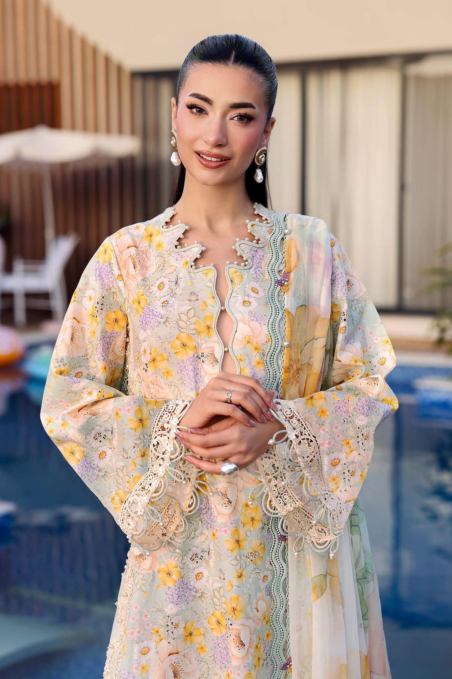Maria B Soft Ivory Floral Embroidered Lawn Dress with Dupatta