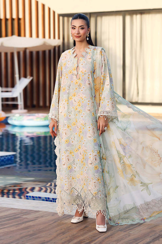 Maria B Soft Ivory Floral Embroidered Lawn Dress with Dupatta