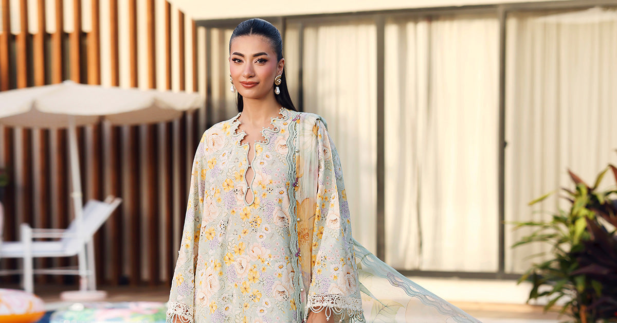 Maria B Soft Ivory Floral Embroidered Lawn Dress with Dupatta