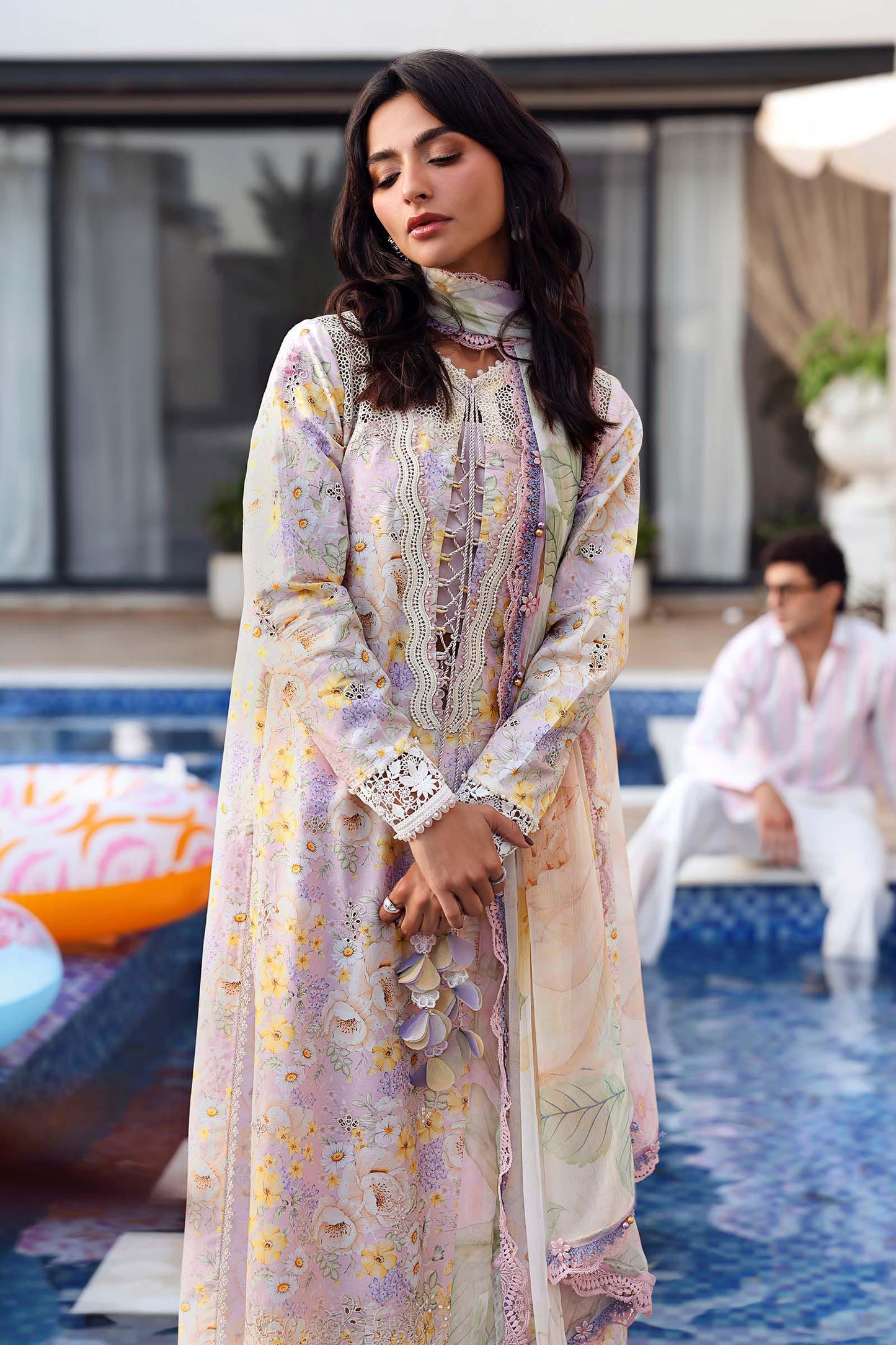 Maria B Luxury Peach Floral Embroidered Lawn Suit with Dupatta