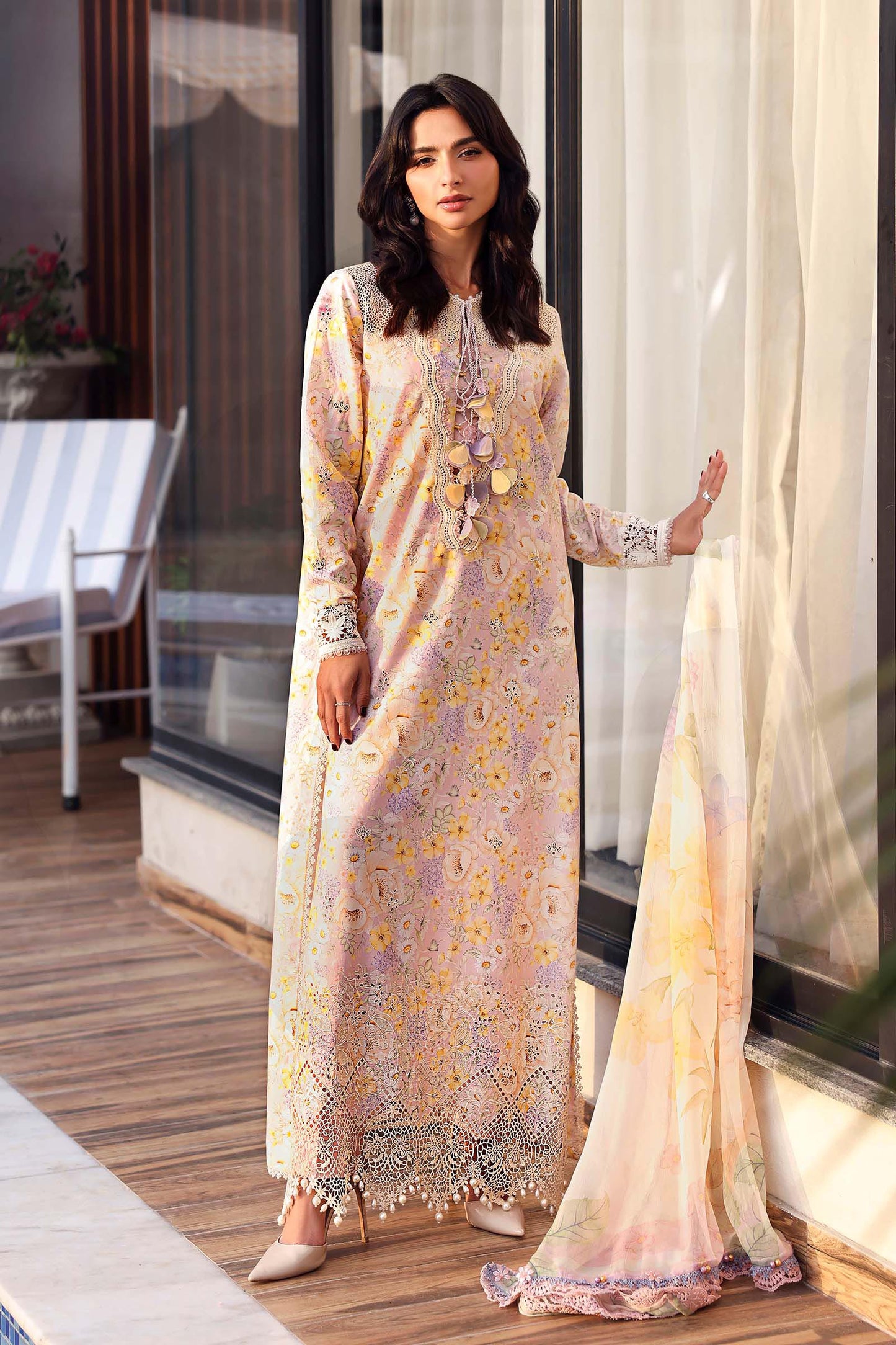 Maria B Luxury Peach Floral Embroidered Lawn Suit with Dupatta