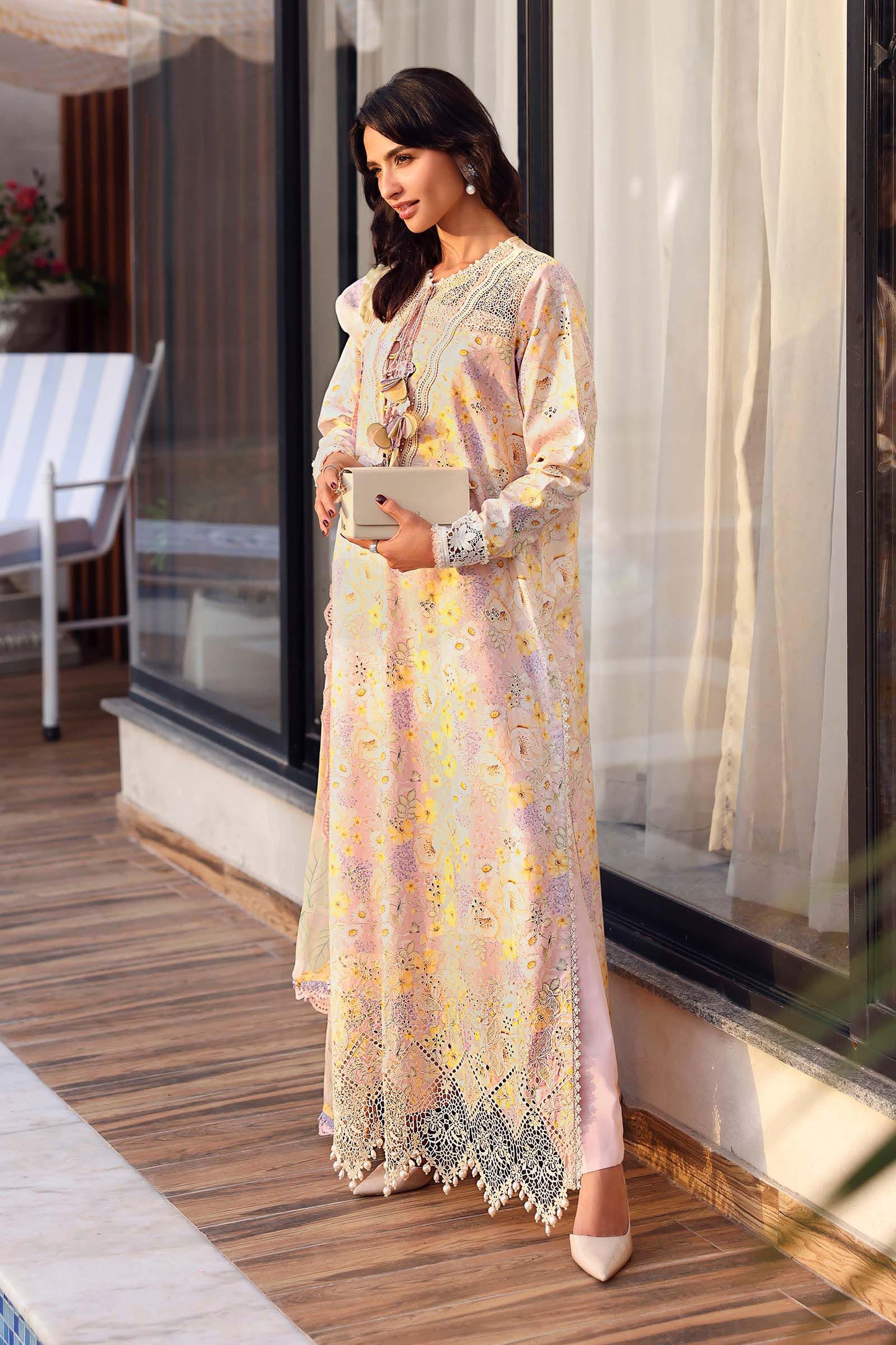 Maria B Luxury Peach Floral Embroidered Lawn Suit with Dupatta