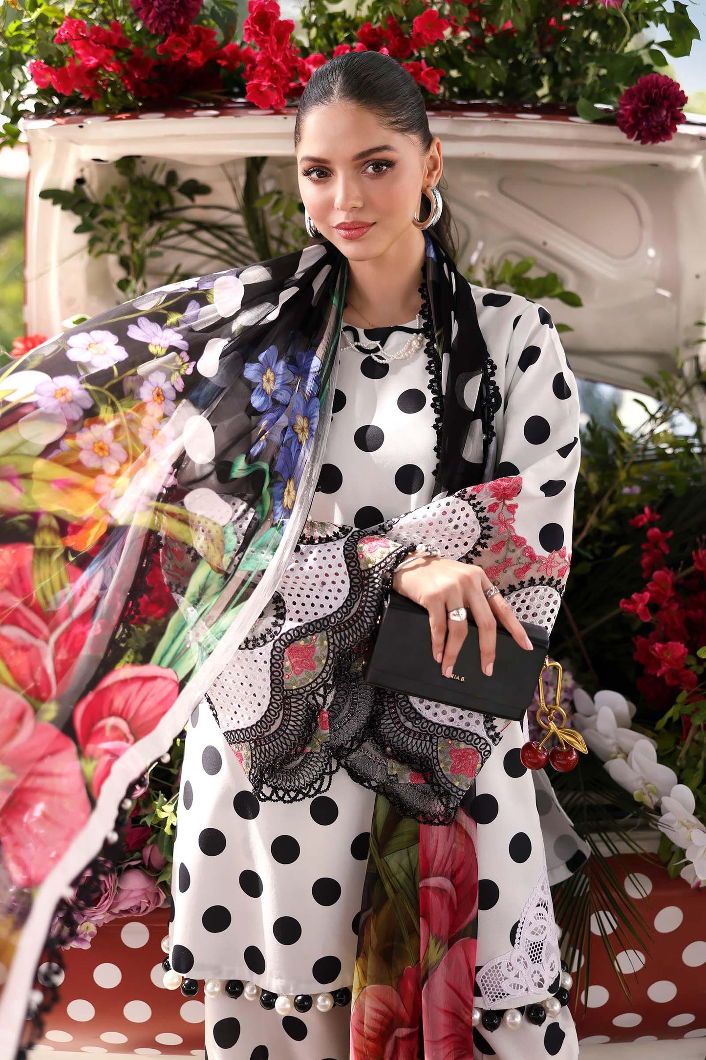 Maria B Black & White Polka Dot 3 Piece Unstitched Embroidered Lawn Suit