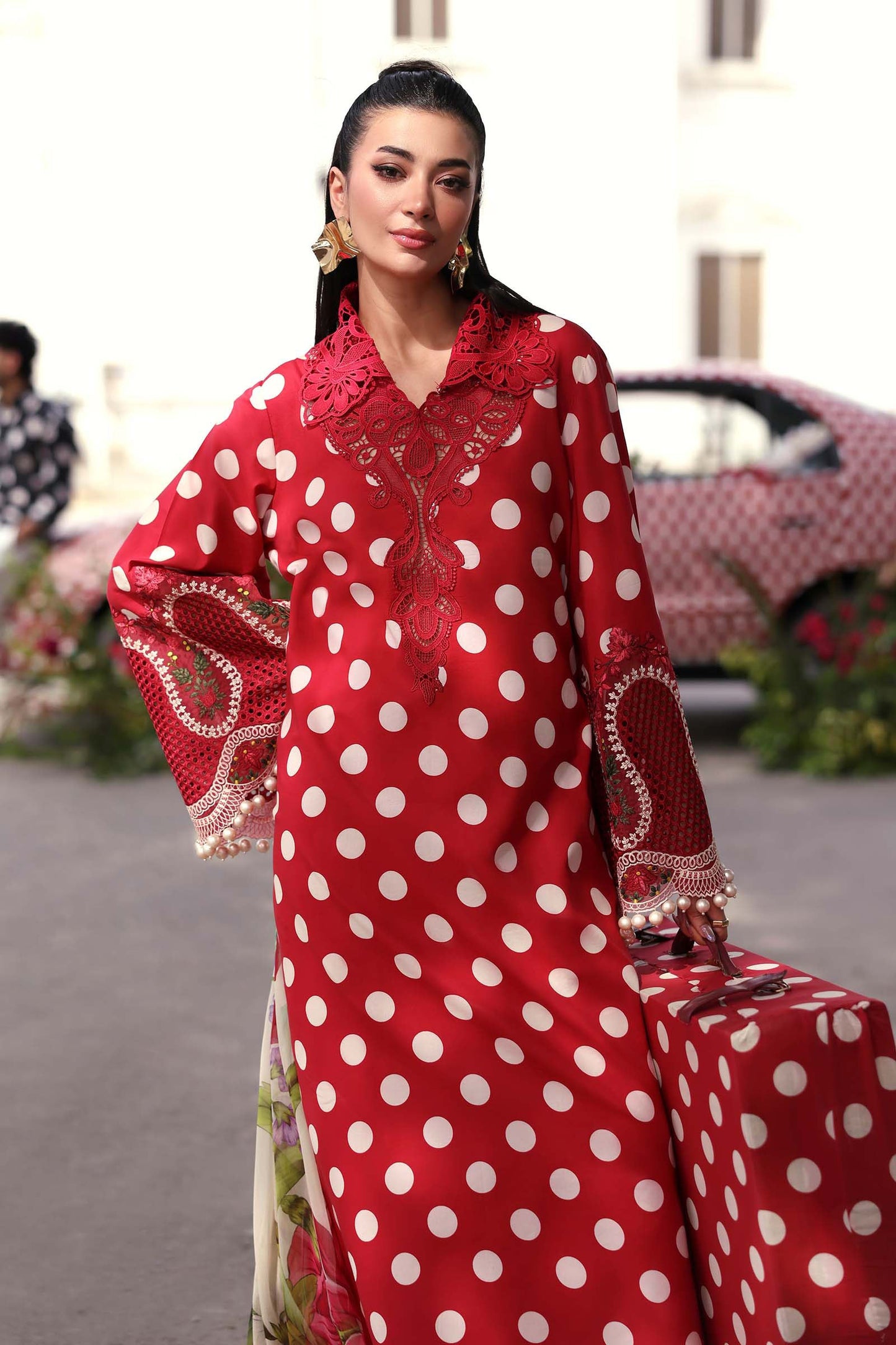 Maria B Red Polka Dot 3 Piece Unstitched Embroidered Lawn Suit