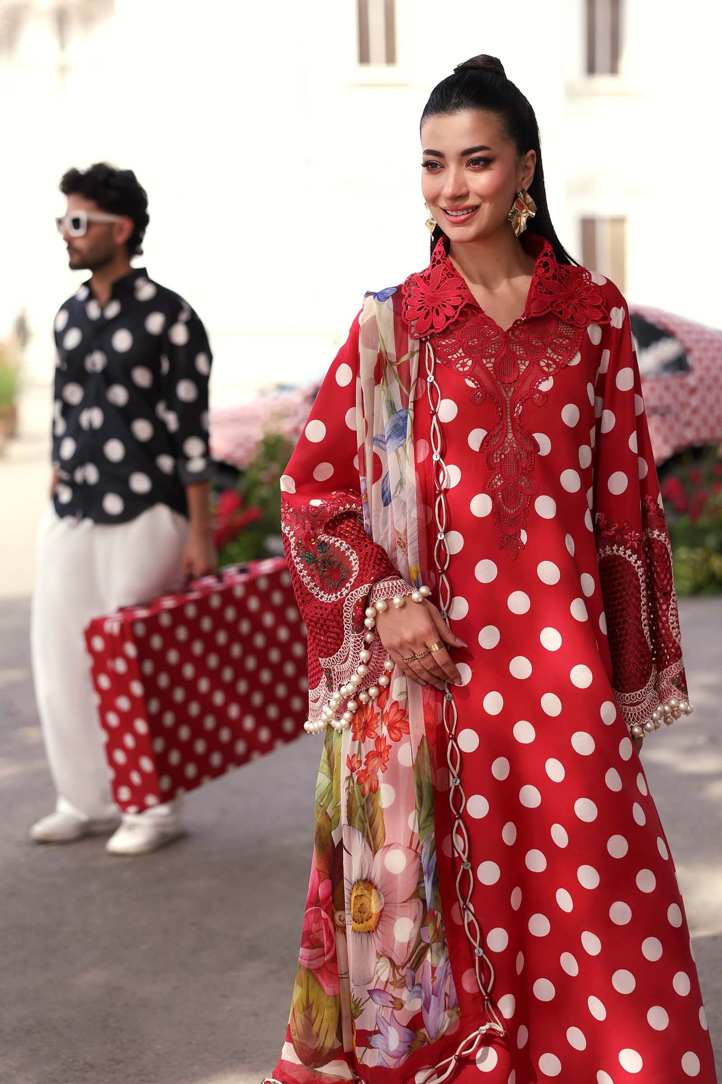 Maria B Red Polka Dot 3 Piece Unstitched Embroidered Lawn Suit