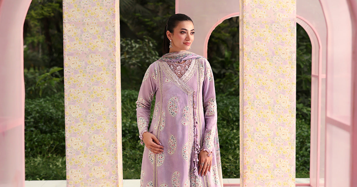 Maria B Premium Lilac Embroidered Lawn 3 Piece Unstitched Suit with Printed Dupatta