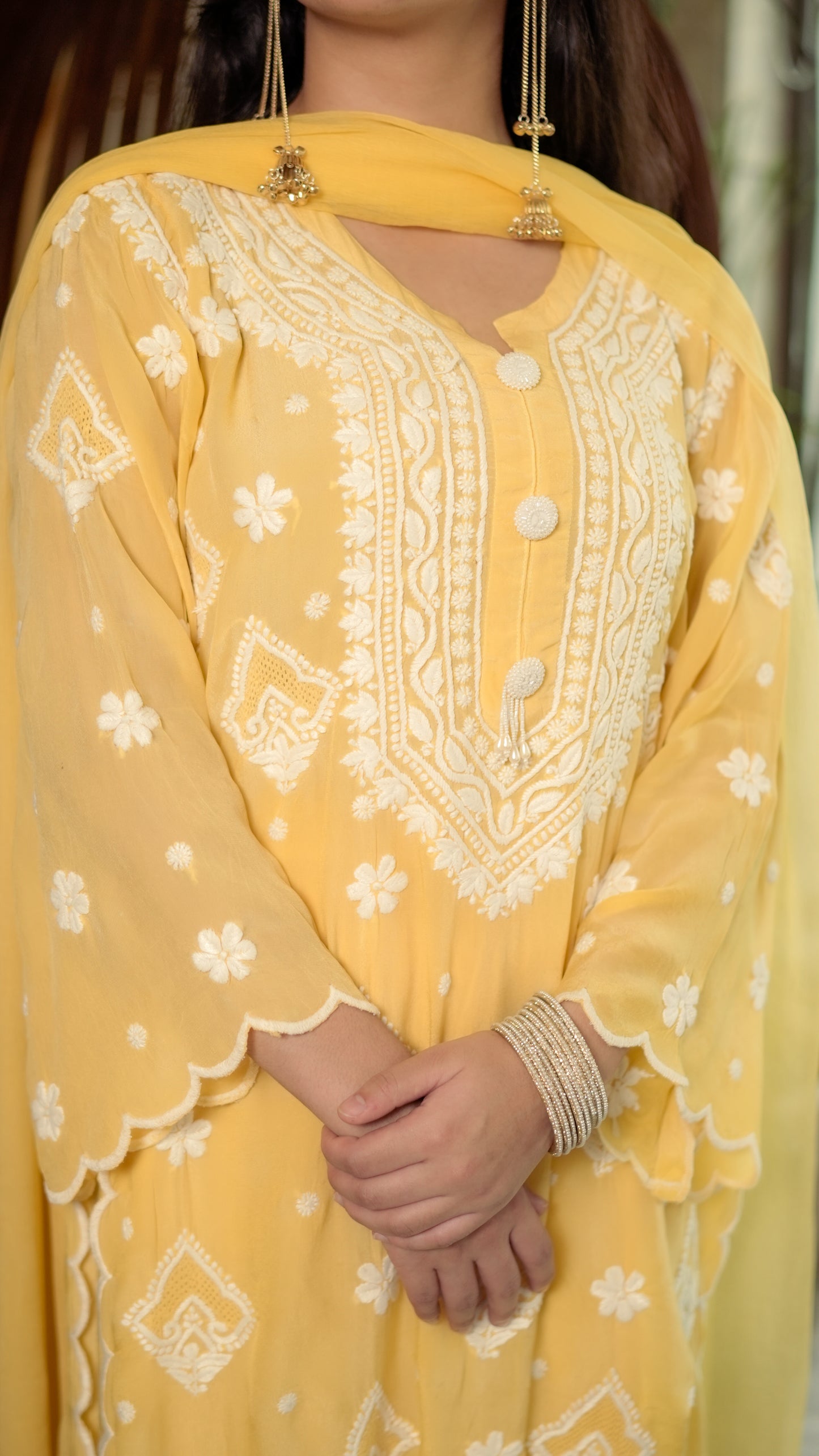 Pure Crepe Yellow Chikankari Kurta Set with Dupatta