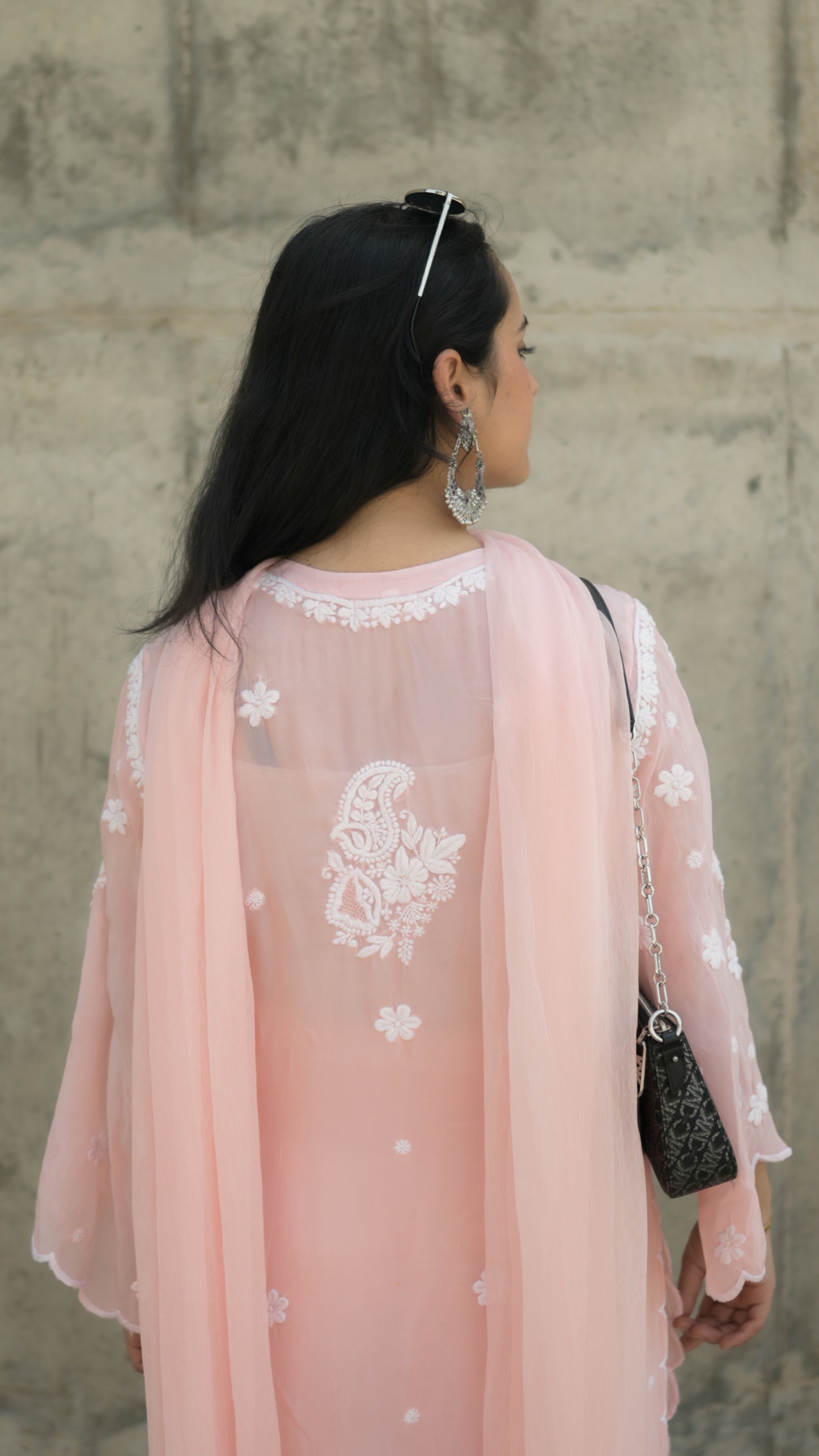 Pure Crepe Pink Chikankari Kurta Set with Dupatta