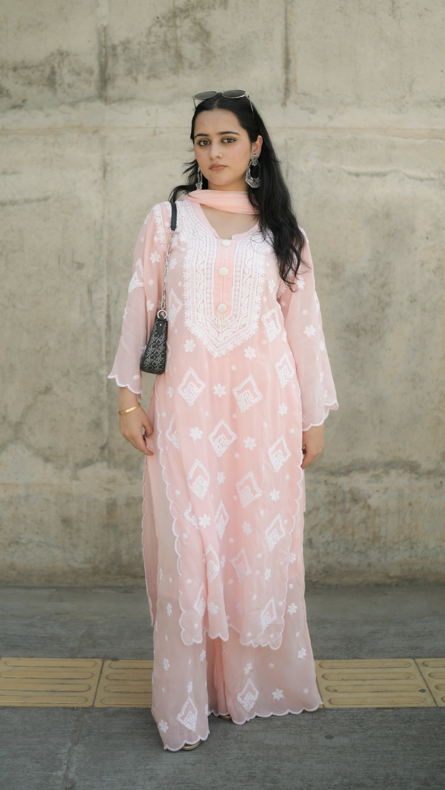 Pure Crepe Pink Chikankari Kurta Set with Dupatta
