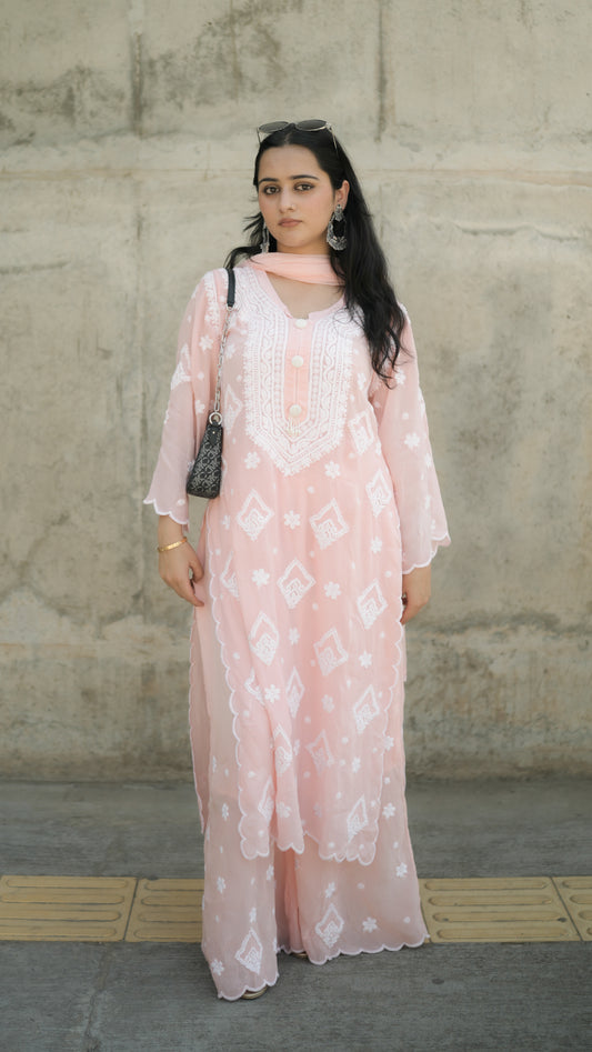 Pure Crepe Pink Chikankari Kurta Set with Dupatta