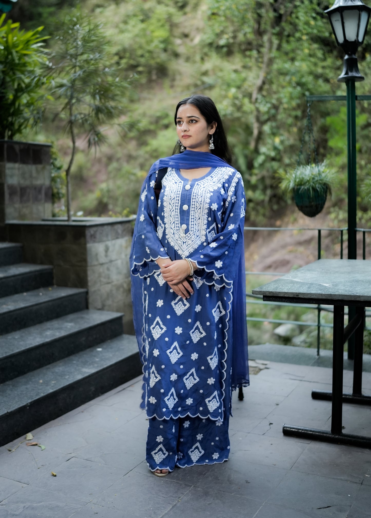 Pure Crepe Blue Chikankari Kurta Set with Dupatta